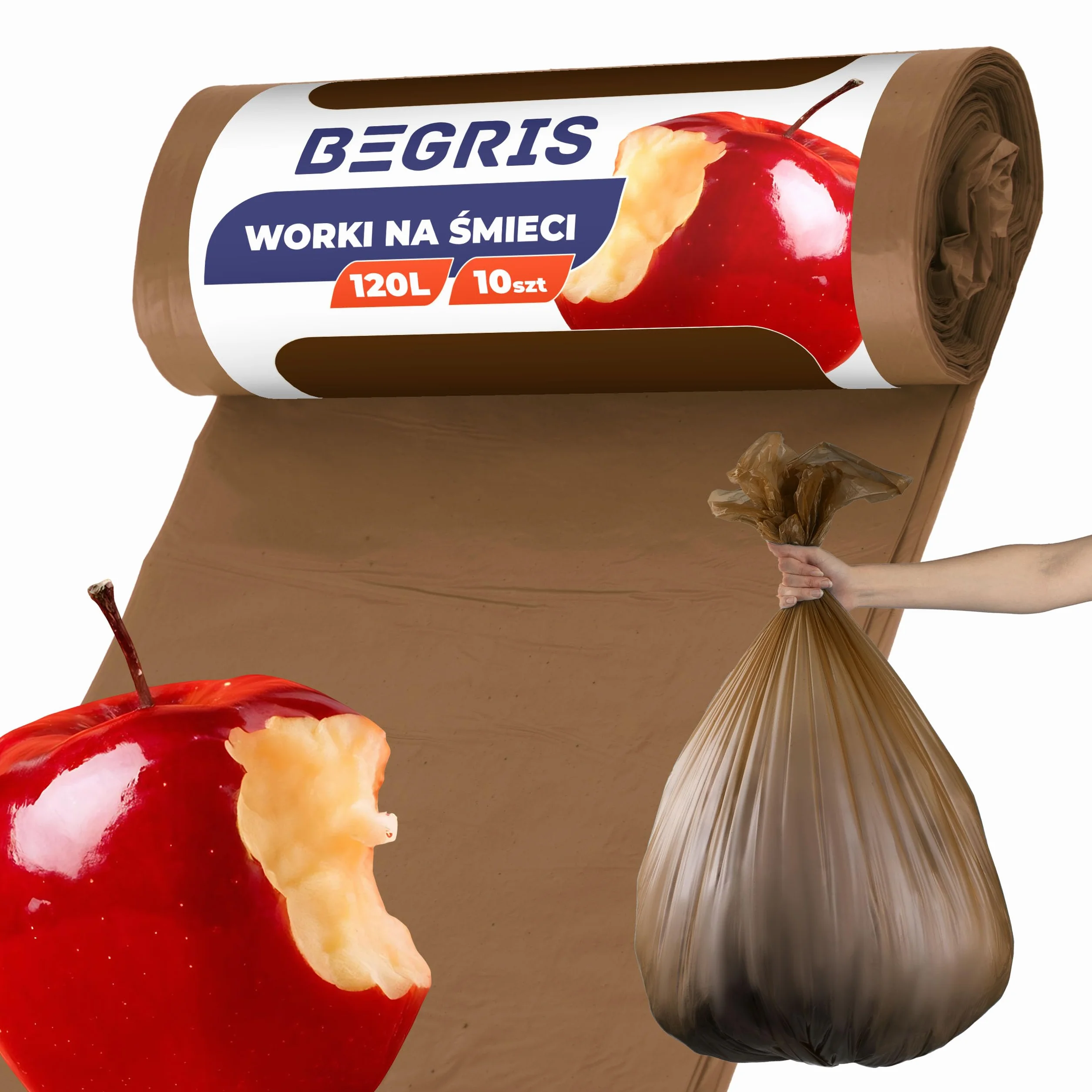 Worki na Śmieci mocne 120l Rolka 10 szt wytrzymałe na Odpady segregacyjne Materiał Ldpe w Rulonie do Pracy, Domu, Garażu Torby neutralizujące zapach brązowe