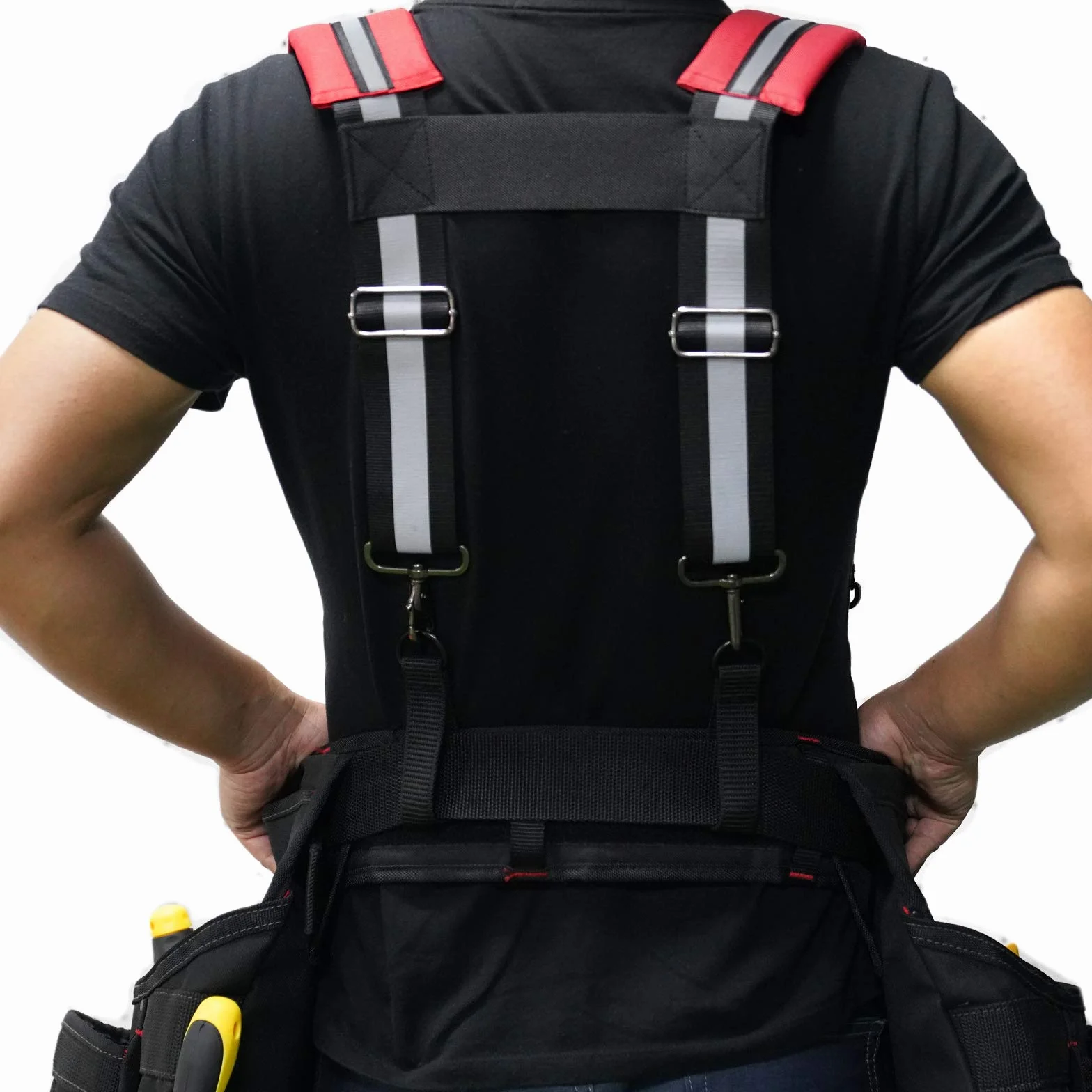 MELOTOUGH Pas narzędziowy Szelki budowlane z paskiem odblaskowym Hi Vis Safety Work Padder Szelki na ramię, szelki do paska narzędziowego z czarnym paskiem odblaskowym, S, M, L, XL, XXL