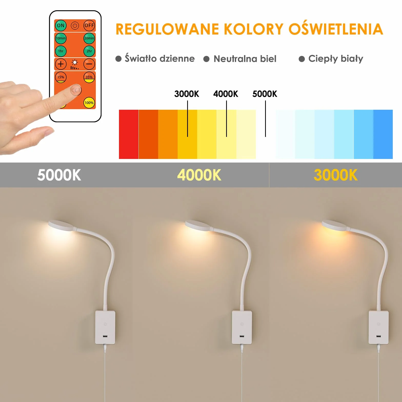 ENUOTEK Kinkiet Do Czytania LED Do Sypialni Na Stolik Nocny Z Pilotem, Ścienna Elastyczna Lampa Do Czytania Z Portem USB 5V2A, Stopniowa Regulacja, 3X Kolory Oświetlenia, Timer Automatyczne Wyłączanie