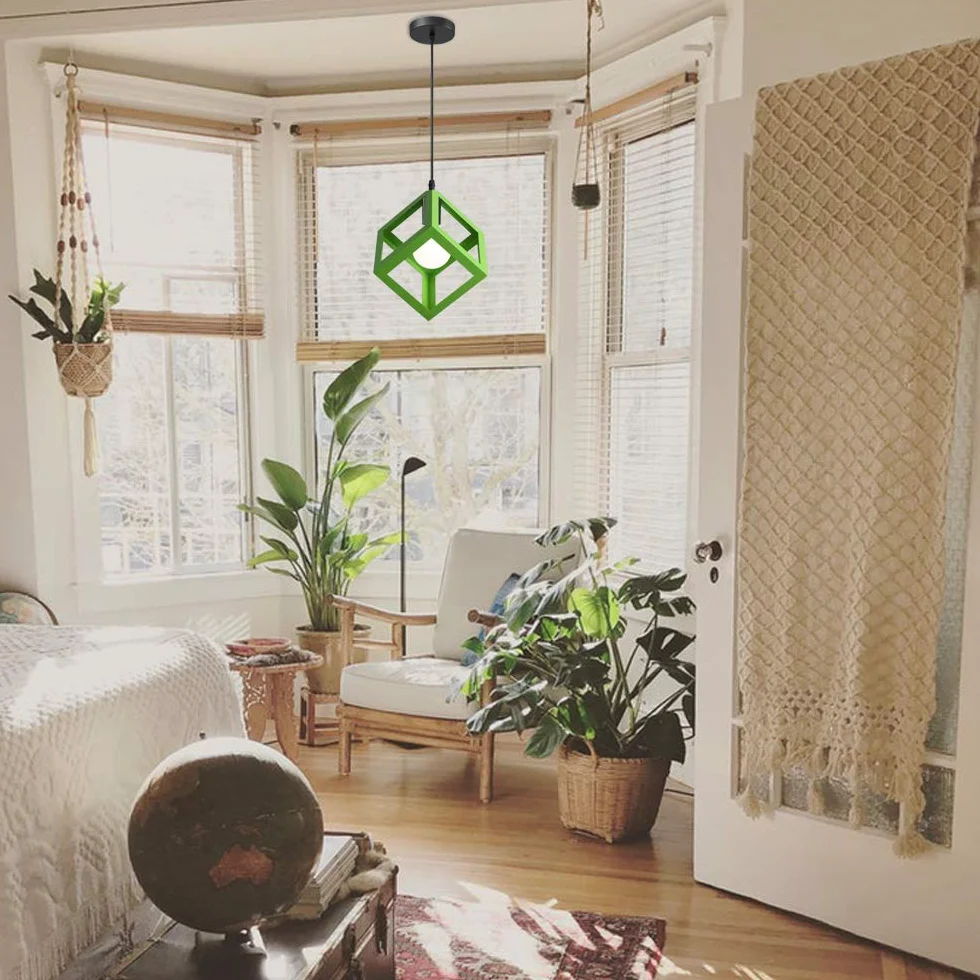 iDEGU Zestaw 2 nowoczesnych lamp wiszących, żyrandol, kształt sześcianu, geometryczny styl metalowy klosz lampy E27, wiszące oświetlenie do sypialni, salonu, restauracji - 16 cm, zielony