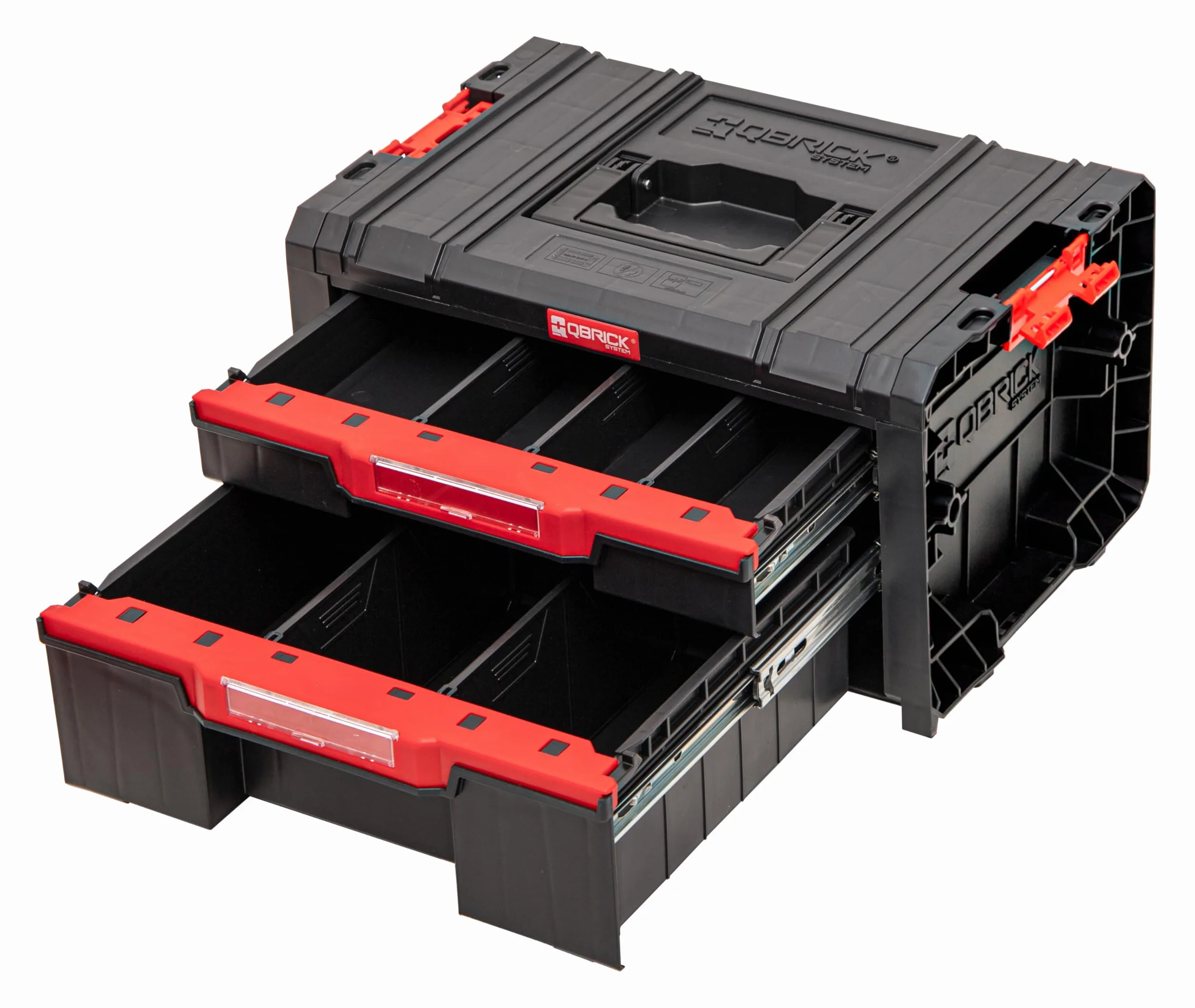 Qbrick System Skrzynka narzędziowa skrzynka narzędziowa Pusta skrzynka na narzędzia PRO Drawer 2 Toolbox 2.0 Basic czarna czerwona 450 x 310 x 244 mm
