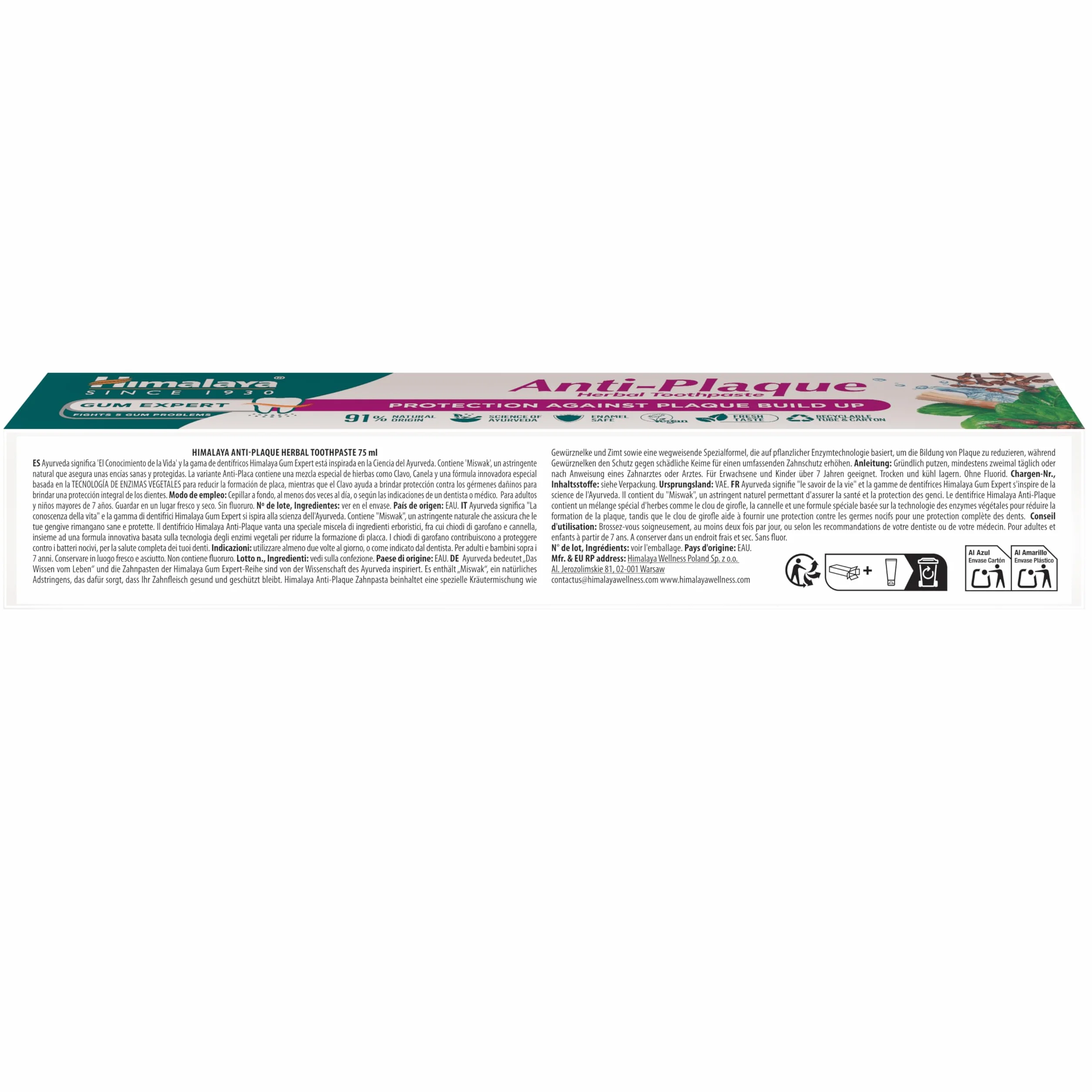 Himalaya Anti-Plaque Ziołowa Pasta do Zębów 75 ml | Skład Naturalnego Pochodzenia | Ochrona przed Płytką Nazębną | Wegańska Formuła bez Fluoru| Bezpieczna dla Szkliwa | Świeży Oddech