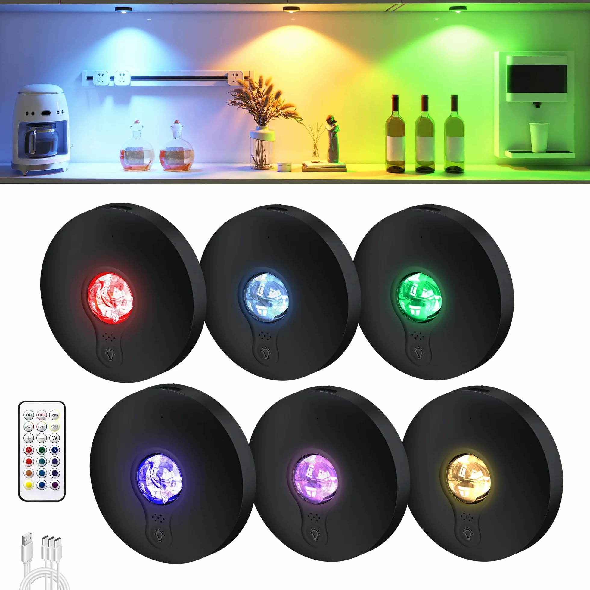 Akumulatorowe lampki RGB z pilotem zdalnego sterowania, 2000 mAh o dużej pojemności, zasilanie bateryjne RGB, możliwość przyciemniania i mocowanie magnetyczne, bezprzewodowe oświetlenie do szafy na