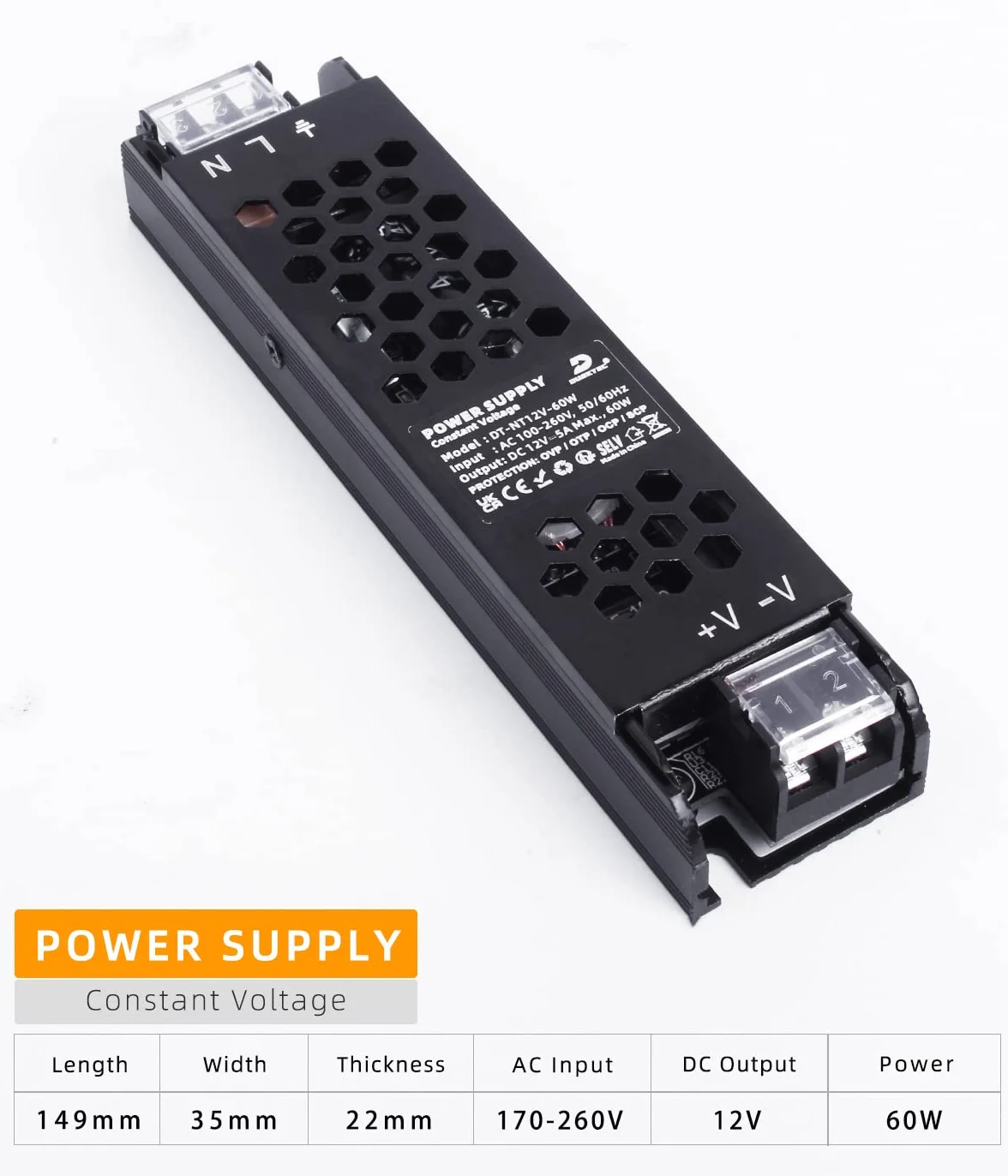 DUSKTEC Transformator LED 12 V sterownik 60 W, zasilacz kierowcy 5 A, zasilacz prądu stałego niskiego napięcia, konwerter 220 V AC na DC do taśm świetlnych LED MR16 G4 CCTV