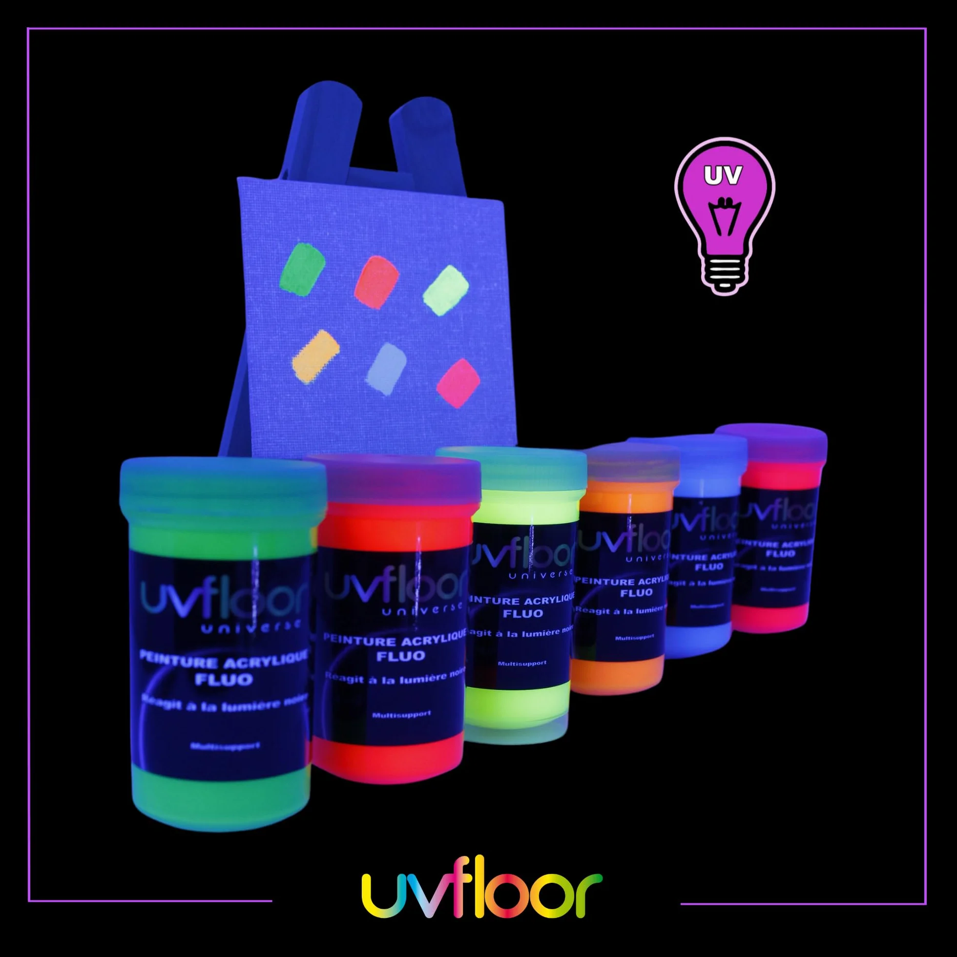 UV FLOOR - Zestaw startowy Fluo Farba akrylowa - Specjalne czarne i ultrafioletowe światło - Błyskotliwe - Fluid I Ultra Pigmentowane - Fluorescencyjne - 6 x 100ml