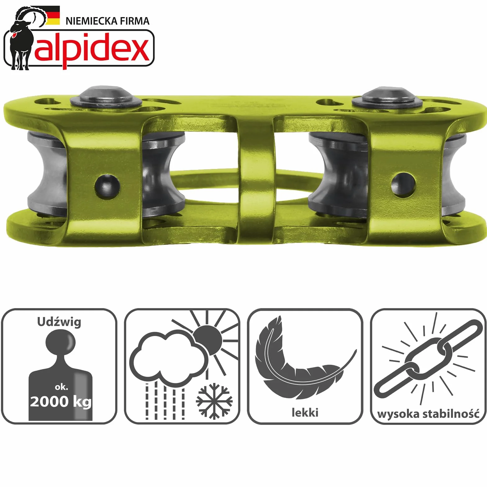 ALPIDEX Rolka Do Wspinaczki 20 kN - Tandem Pulley Koła Pasowego - Lin Stalowych Do 12 mm Tekstylnych Do 13 mm - EN12278