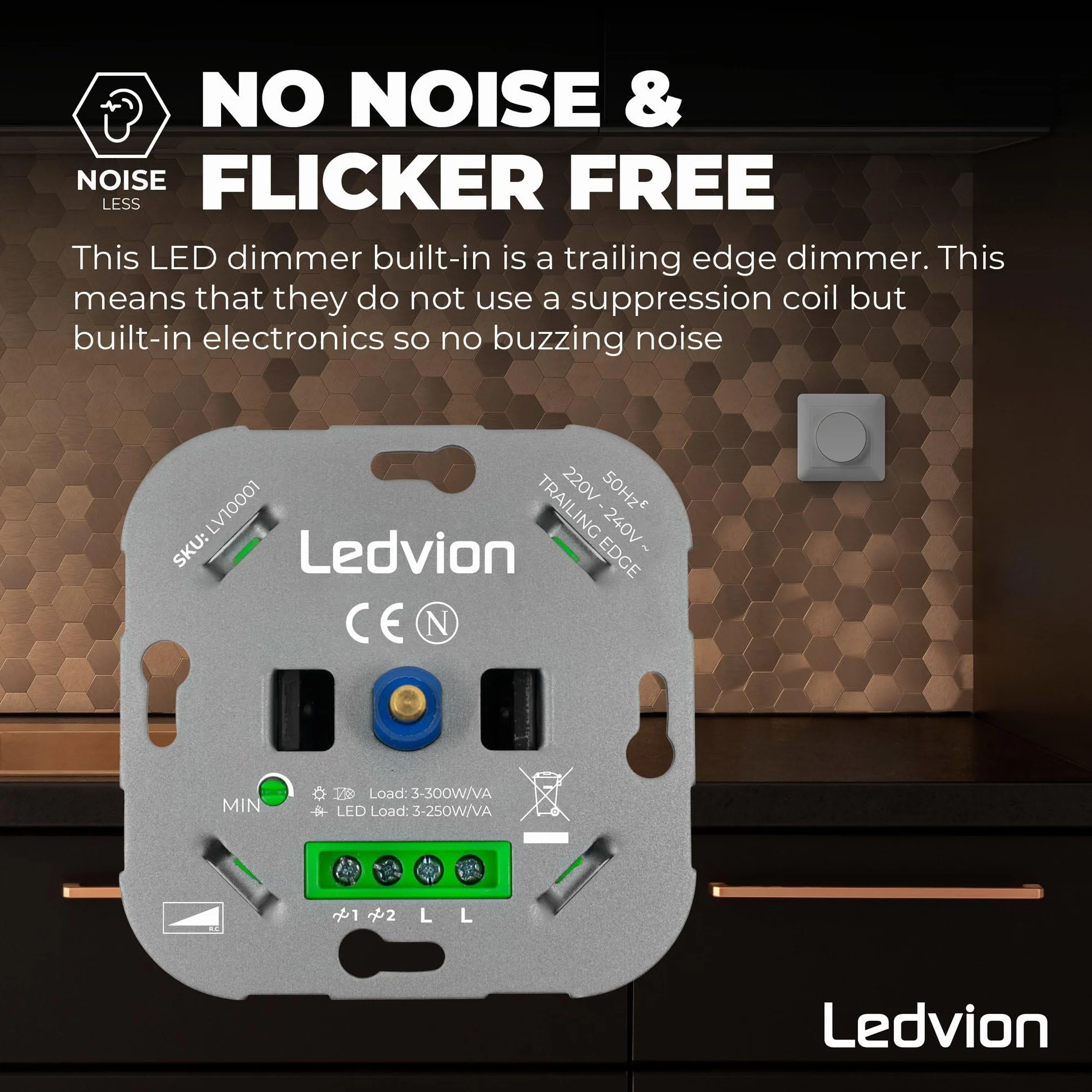 Ledvion Przełącznik ściemniacza LED, LED 3-250 W/halogenowe 3-300 W, biała pokrywa, cięcie fazowe, wbudowany obrotowy ściemniacz, wariator obrotowy LED