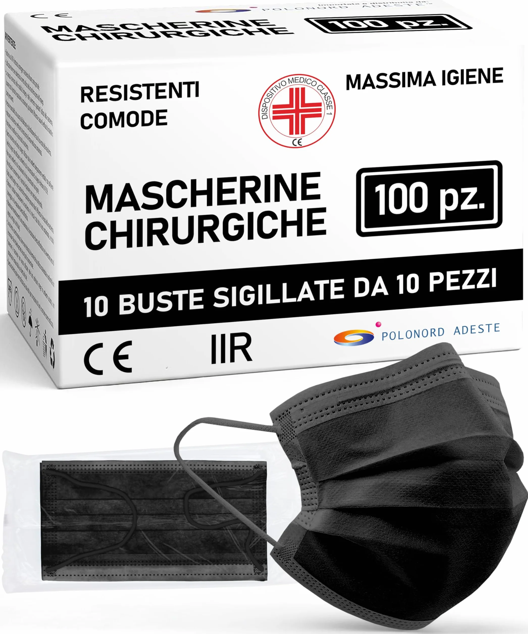ADESTE 100 czarnych jednorazowych masek chirurgicznych typu IIR, 3-warstwowe, certyfikat CE, certyfikat CE, hipoalergiczny, odporny na zachlapanie, filtracja BFE > 98%