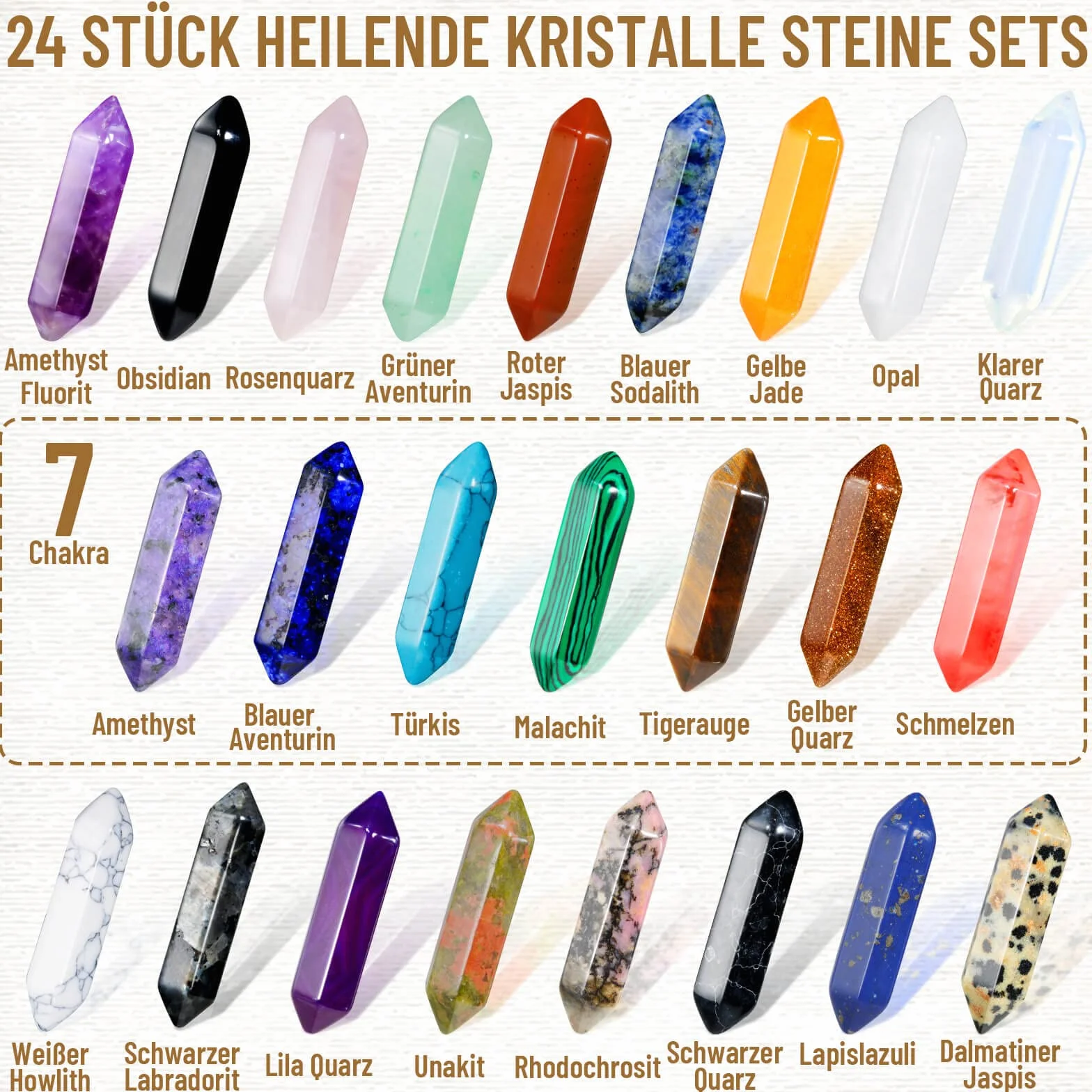 Zestaw 24 kryształów leczniczych ametyst tygrysie oko obsydian malachit Reiki czakra