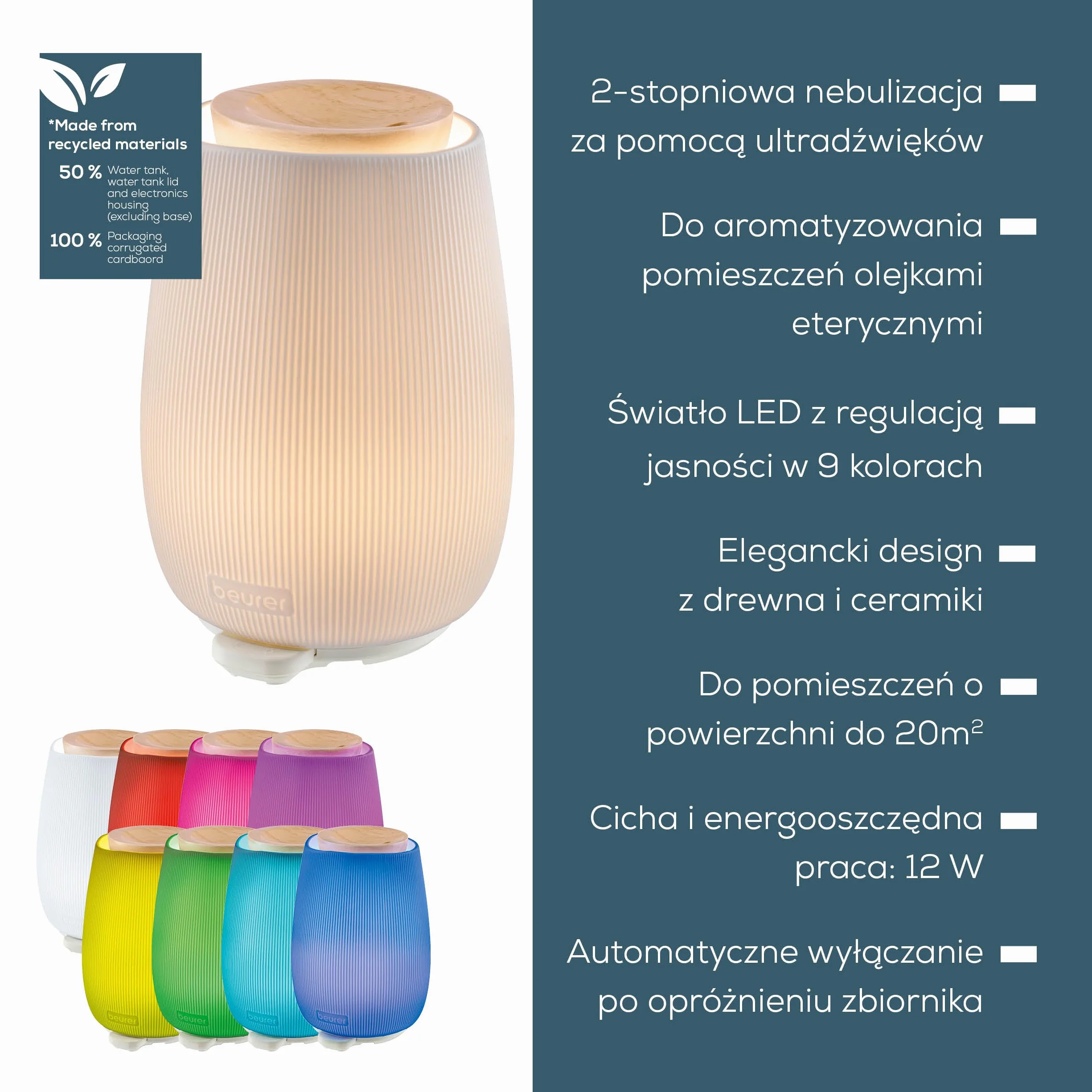 Beurer LA 45 Dyfuzor zapachowy ultradźwiękowy do aromaterapii, 2-stopniowy, światło nastrojowe 9 kolorów, ceramiczny i drewniany