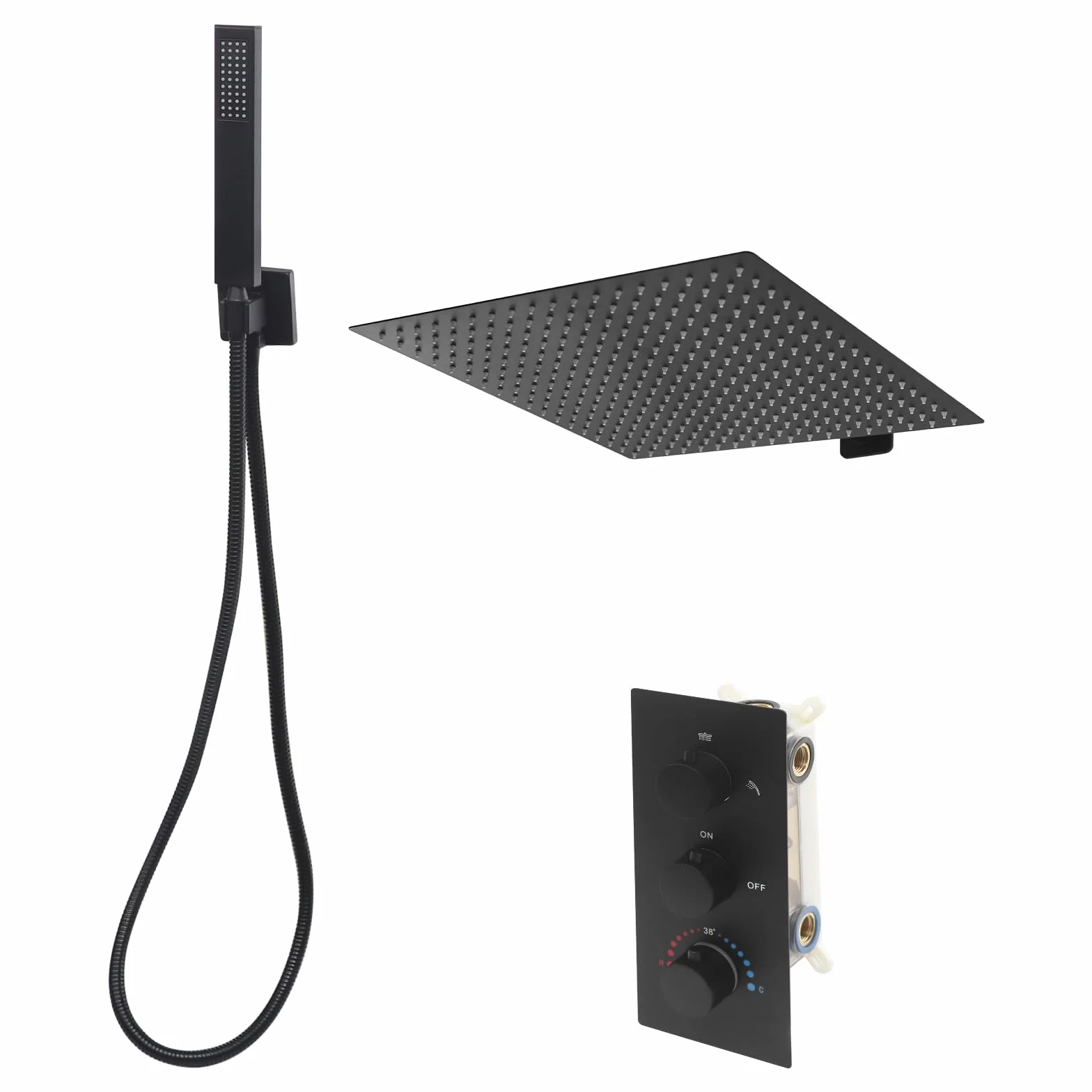 OUKANING Podtynkowy system prysznicowy z termostatem, 40 cm, kwadratowy deszczownica, wbudowany w ścianę zestaw prysznicowy ze stali nierdzewnej i mosiądzu, armatura do łazienki/prysznica w zestawie