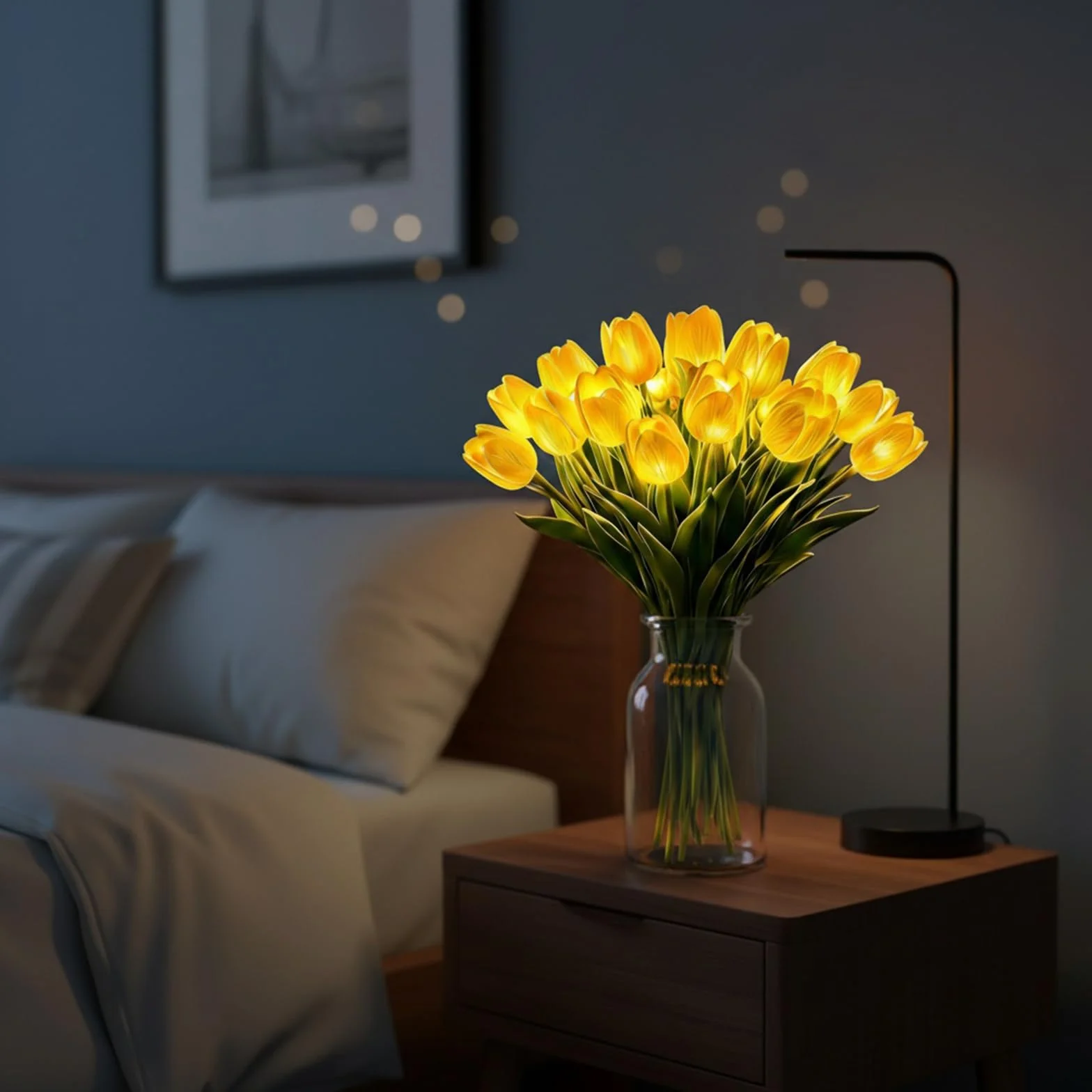 15 szt. promiennych romantycznych tulipanowych lampek LED, regulowane tulipanowe światło nocne, ciepłe światło, świecący bukiet, ozdoba, prezent na rocznicę/ślub/urodziny (żółty)