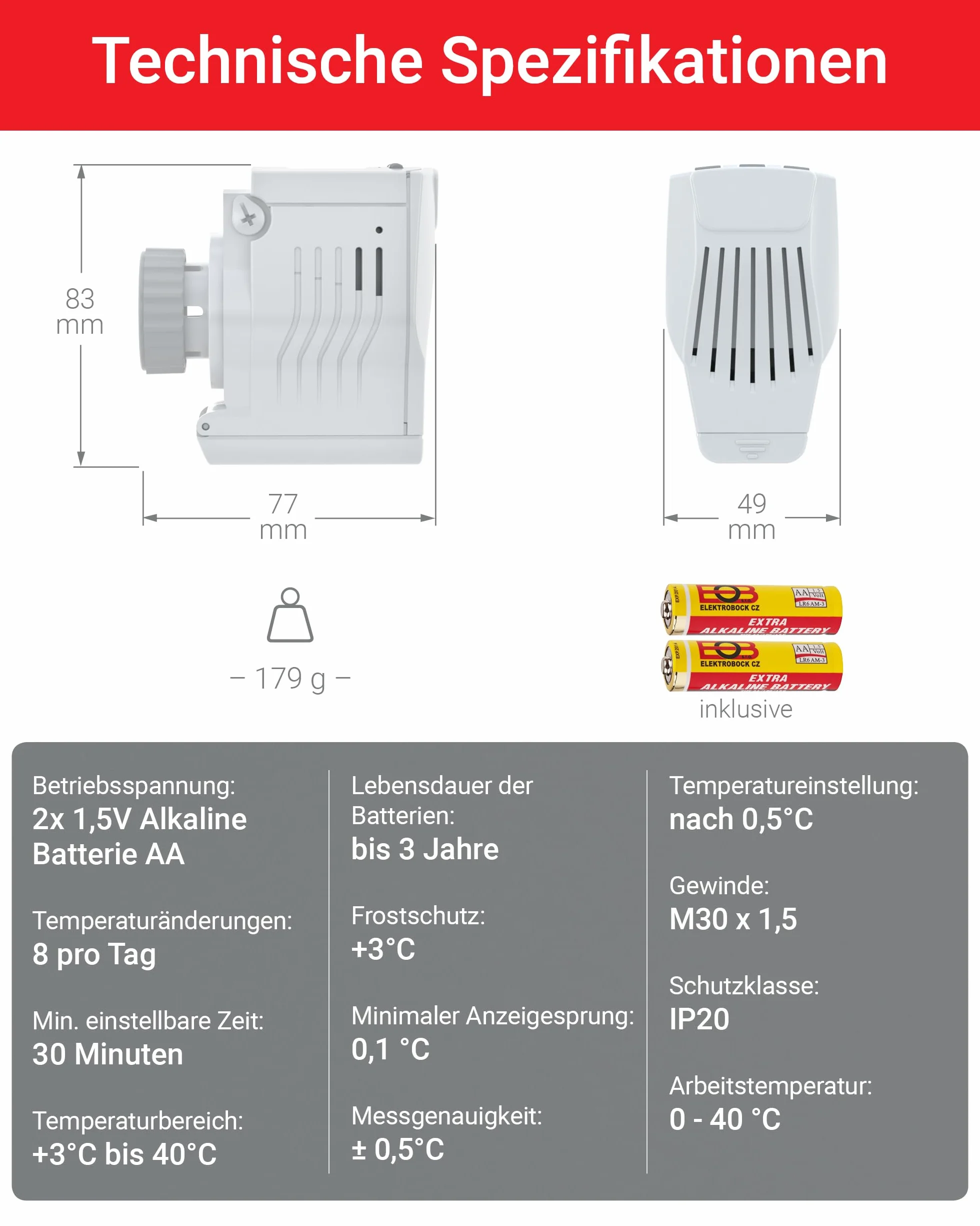 Elektrobock HD13-L programowalny termostat grzejnikowy, 280 W, 230 V, biały, kompaktowy