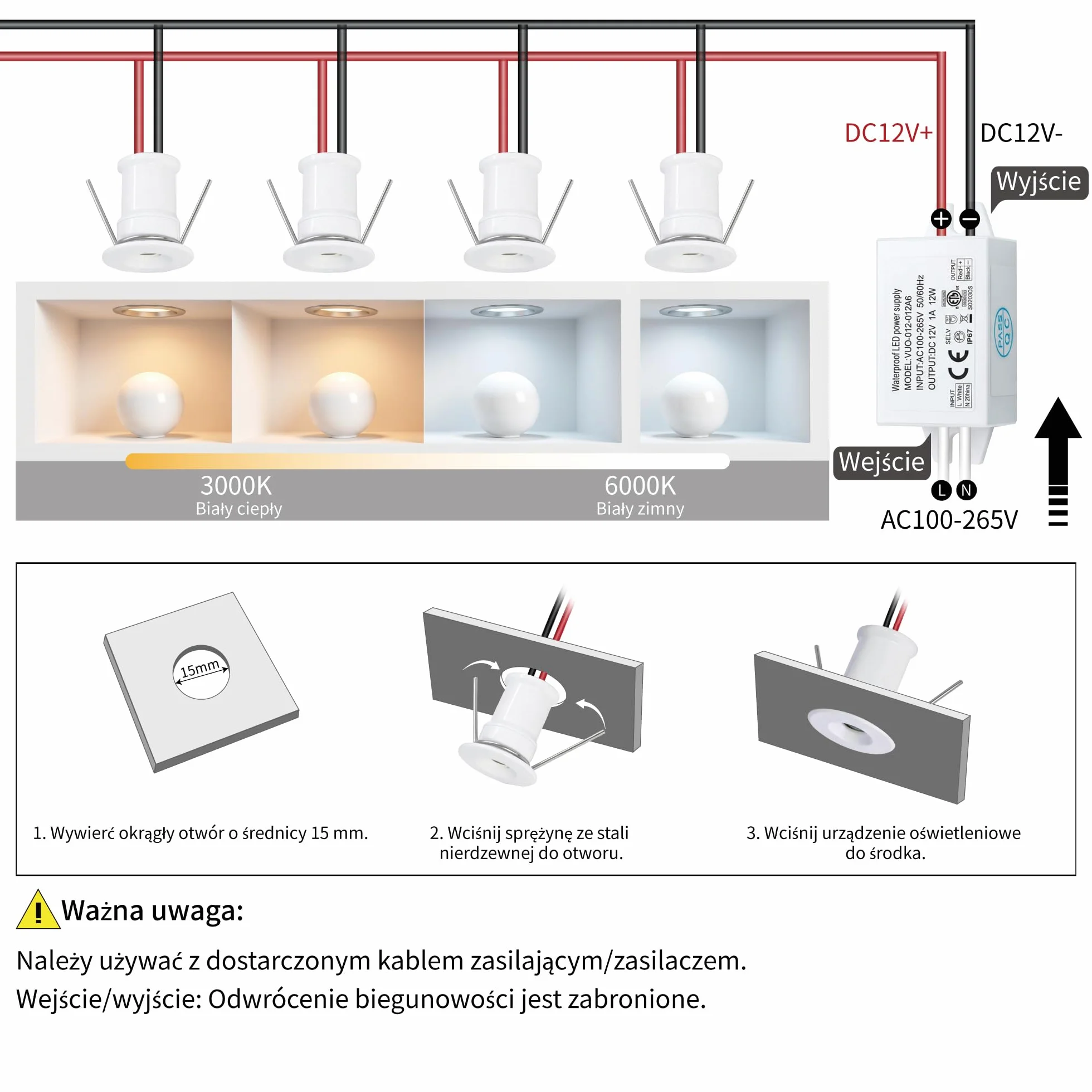 9SZT 12V 1W Mini LED Lampa Spotlight, IP65 Wodoodporna Lampa Wbudowana do Wystaw, Użycie Wewnętrzne Kuchnia Schody Szafka Korytarz Oświetlenie DIY (Biały Biały Ciepły 30°)