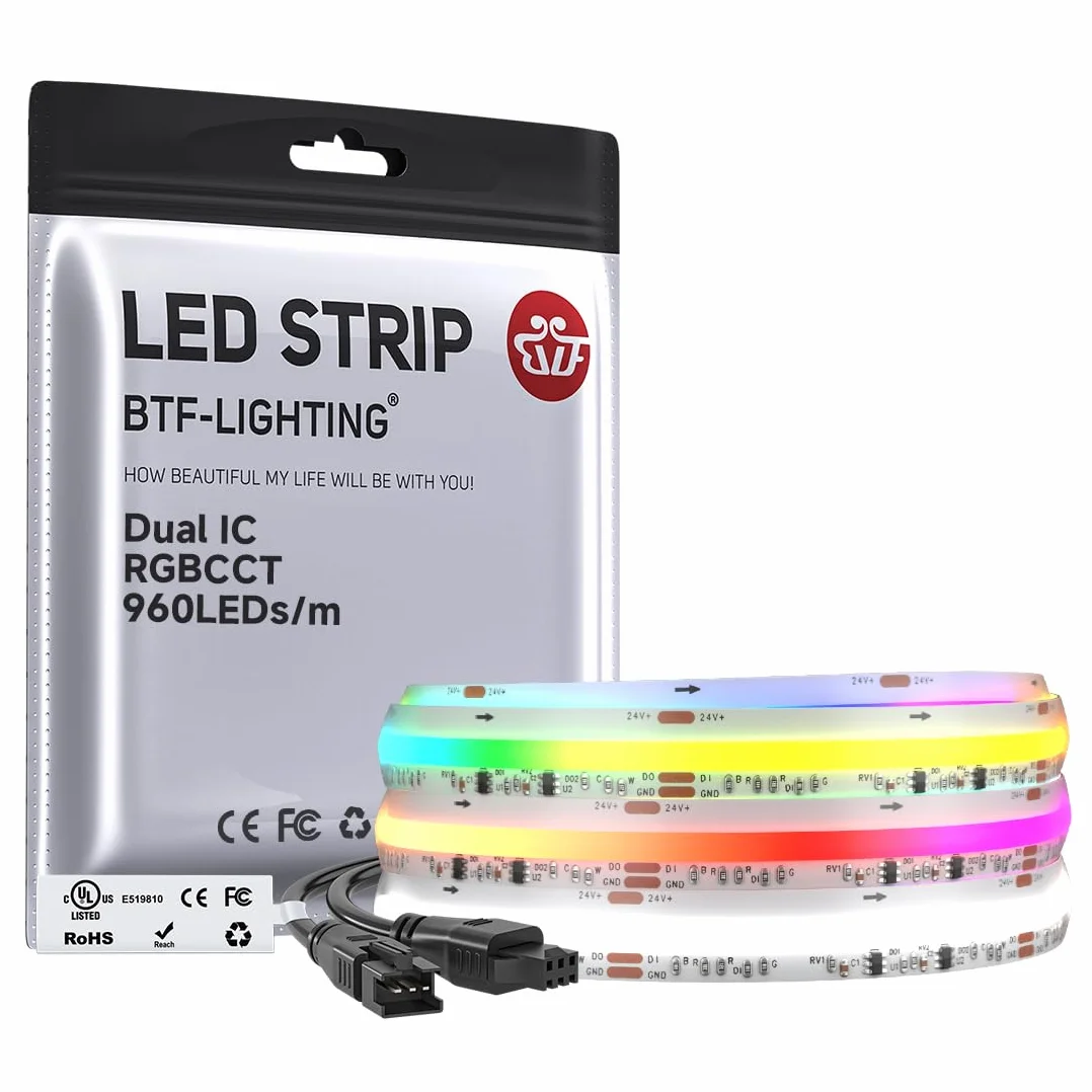 BTF-LIGHTING FCOB COB RGBCCT SPI taśma LED, adresowalna, Dual IC, ściemniana, RGB+CCT, biała, 3000K-6000K, wysoka gęstość, elastyczna taśma LED, 3 m, 960 LED/m, 24 V, IP66, do dekoracji domu (tylko