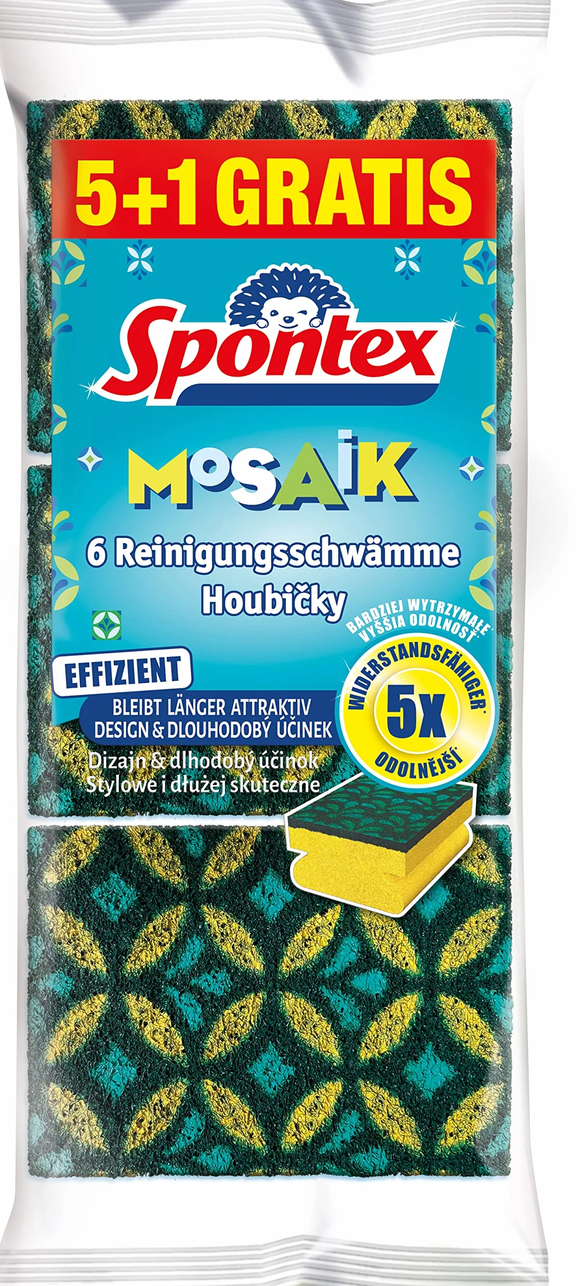 Spontex Gąbka do czyszczenia mozaiki, gąbka do szorowania z technologią zapobiegającą mechaceniu i praktycznym uchwytem, kolor nie do wyboru, 6 sztuk