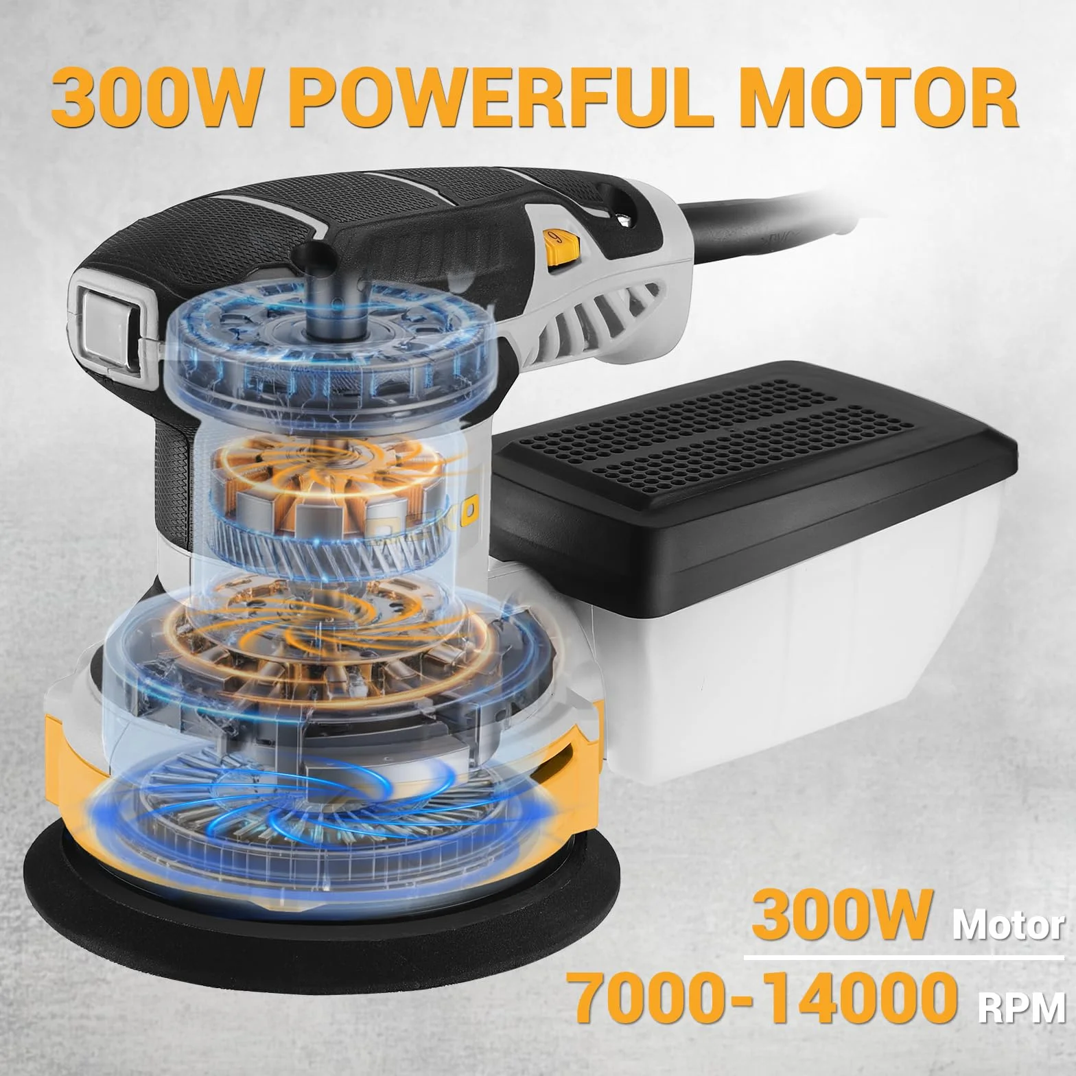 DEKOPRO Szlifierka oscylacyjna 300W, 6 prędkości, 14000 obr./min, elektryczna szlifierka idealna do powierzchni drewnianych i stalowych z 16 arkuszami papieru piaskowego, Szary i żółty
