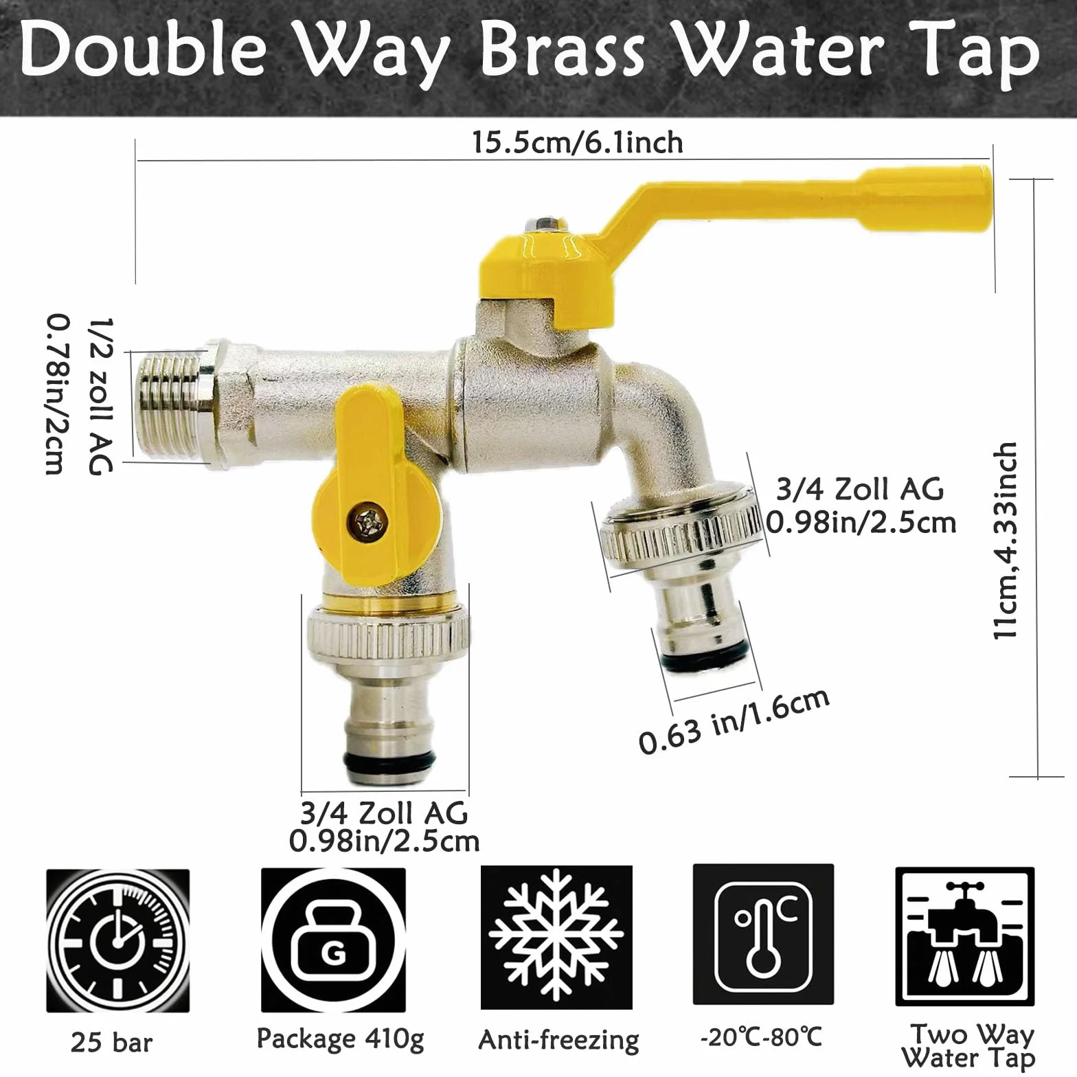 Brass Double Water Tap, 1/2 cala podwójny wylot ogrodowy Tap Antifreeze Double Output Faucets with 4 Connectors für Outdoor Garden Washing Machine Rain Barrel Household Industry (Yellow)