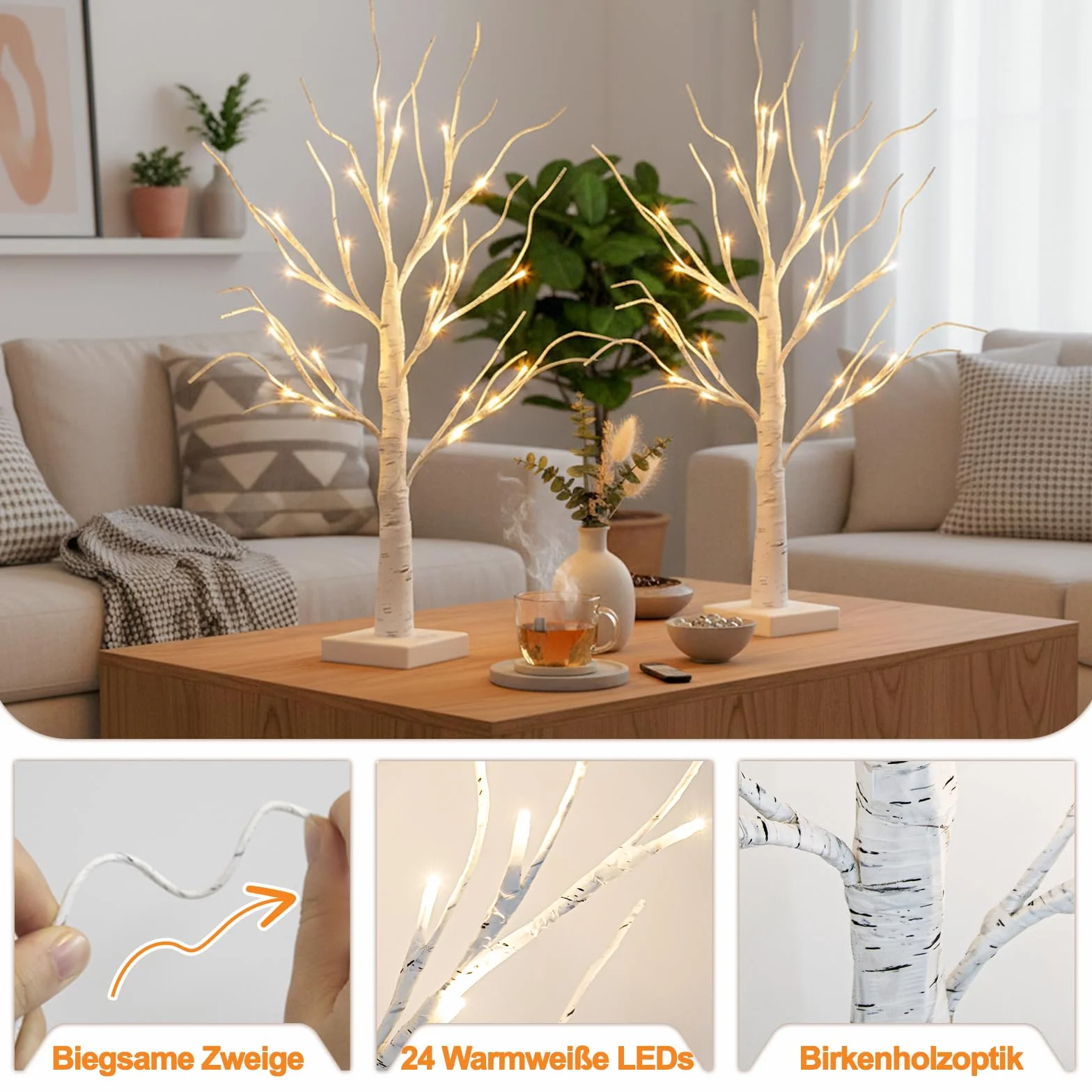 EAMBRITE Zestaw 2 gałązek świetlnych do wnętrz, 24 diody LED, ciepła biel, brzoza, gałązki dekoracyjne, zasilanie bateryjne, dekoracja bożonarodzeniowa do domu, na imprezę, urodziny, wesele, dekoracja