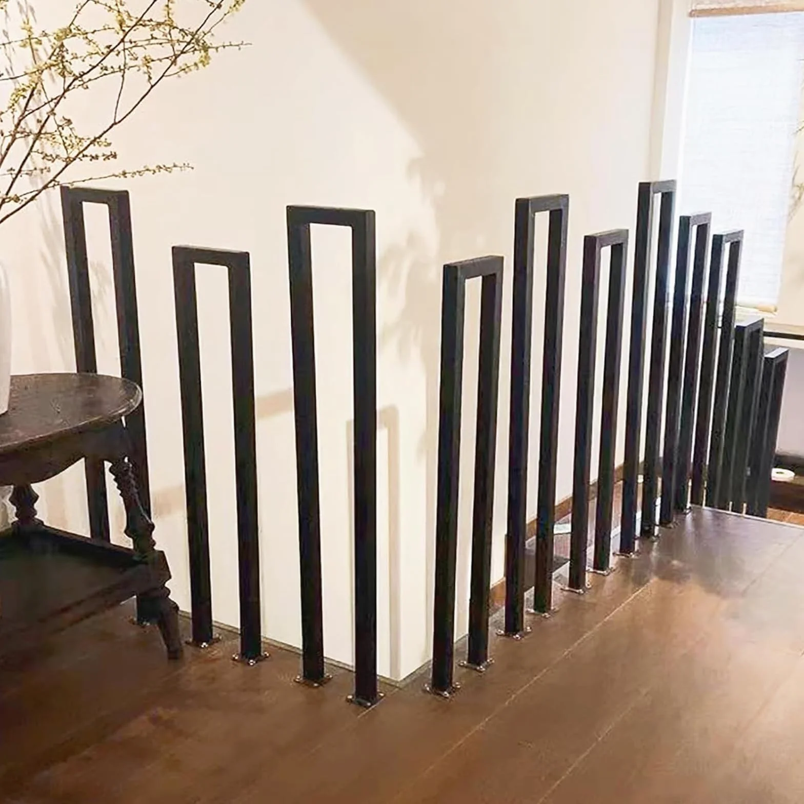 Balustrada schodów w kształcie litery U, do wnętrz, na zewnątrz, poręcz schodów w kształcie litery U, poręcz schodowa na balkon, do korytarza, mieszkania, willi (U, czarna, 90 cm)