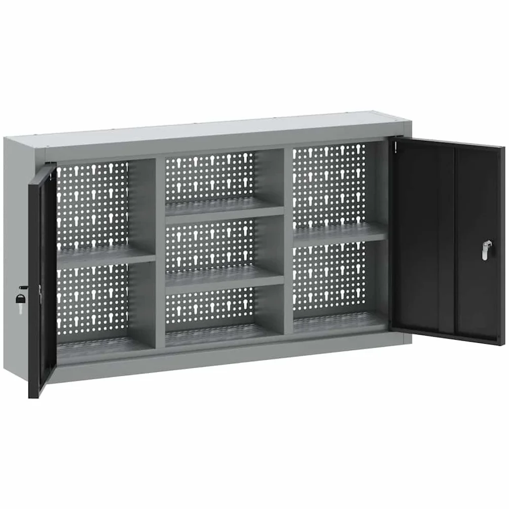 Szafka na narzędzia z regałem czarna i szara, 100 x 20 x 55 cm, stabilna metalowa szafka z zamkiem, regulowane półki do warsztatu, garażu, piwnicy i dla majsterkowiczów