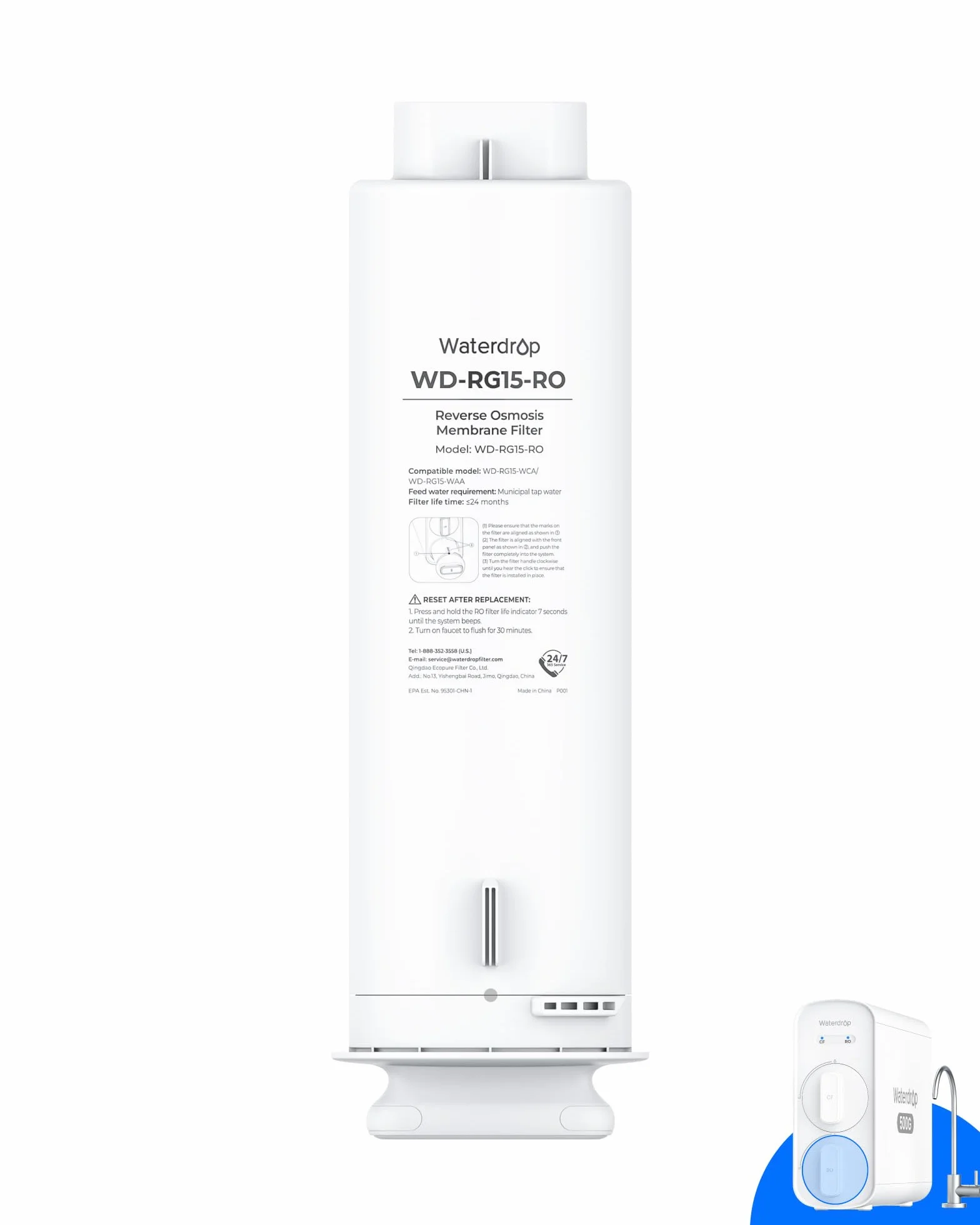 Waterdrop Filtr G5P500-RO, zamiennik dla systemu RO G5P500 i G5P500A | 24-miesięczna żywotność, łatwa wymiana filtra, certyfikat NSF/ANSI 58, redukcja TDS, długa żywotność