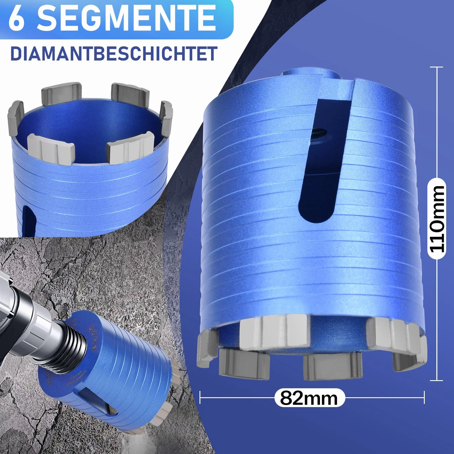 Niebieski M16 diamentowy pogłębiacz do puszek Turbo wiertło do puszek 82 mm z koroną wiertniczą SDS PLUS, 6 segmentów diamentowych, długość użytkowa 70 mm, wiertło do gniazd, wiertło do korony