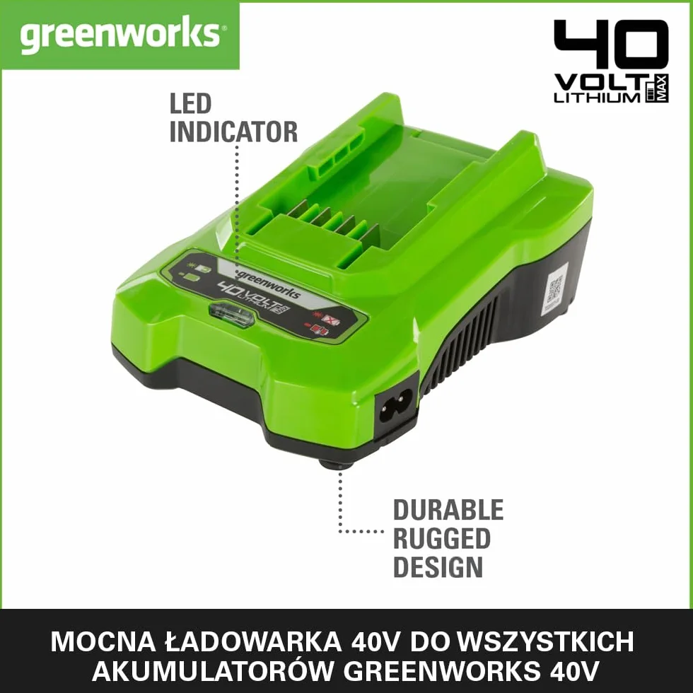 Greenworks Ładowarka 40V 2A - Uniwersalna Ładowarka 40V do Elektronarzędzi i Narzędzi Ogrodowych, Ładuje Akumulator 2Ah w 60 Min, Kompatybilna ze Wszystkimi Akumulatorami 40V, G40C