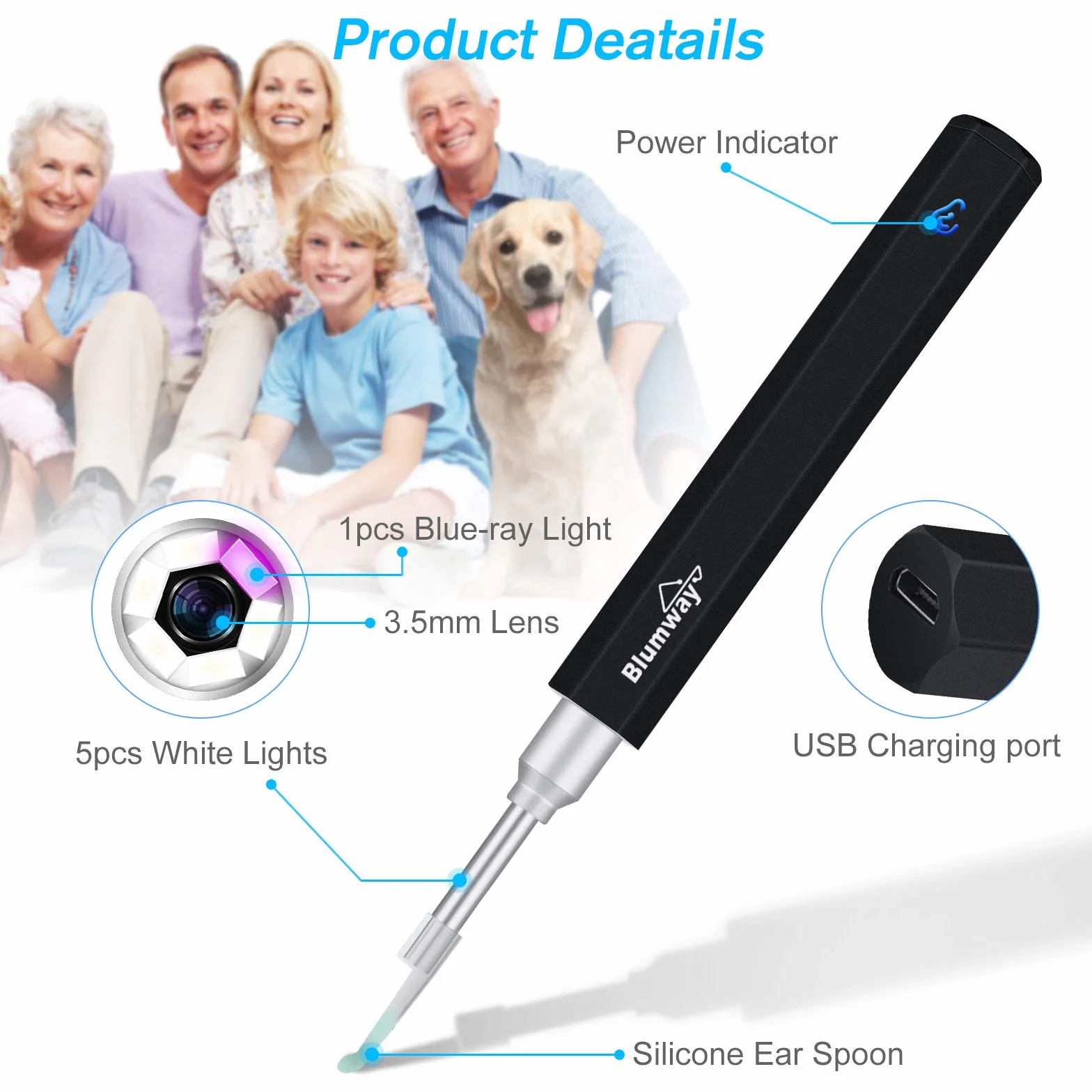 BlumWay Otoskop do ucha z WiFi 3,5 mm 1080p HD endoskop, urządzenie do czyszczenia uszu z 6 diodami LED, czyszczenie uszu, środek do usuwania woskowiny usznej, dla dzieci i dorosłych, z iOS, Android (czarny)
