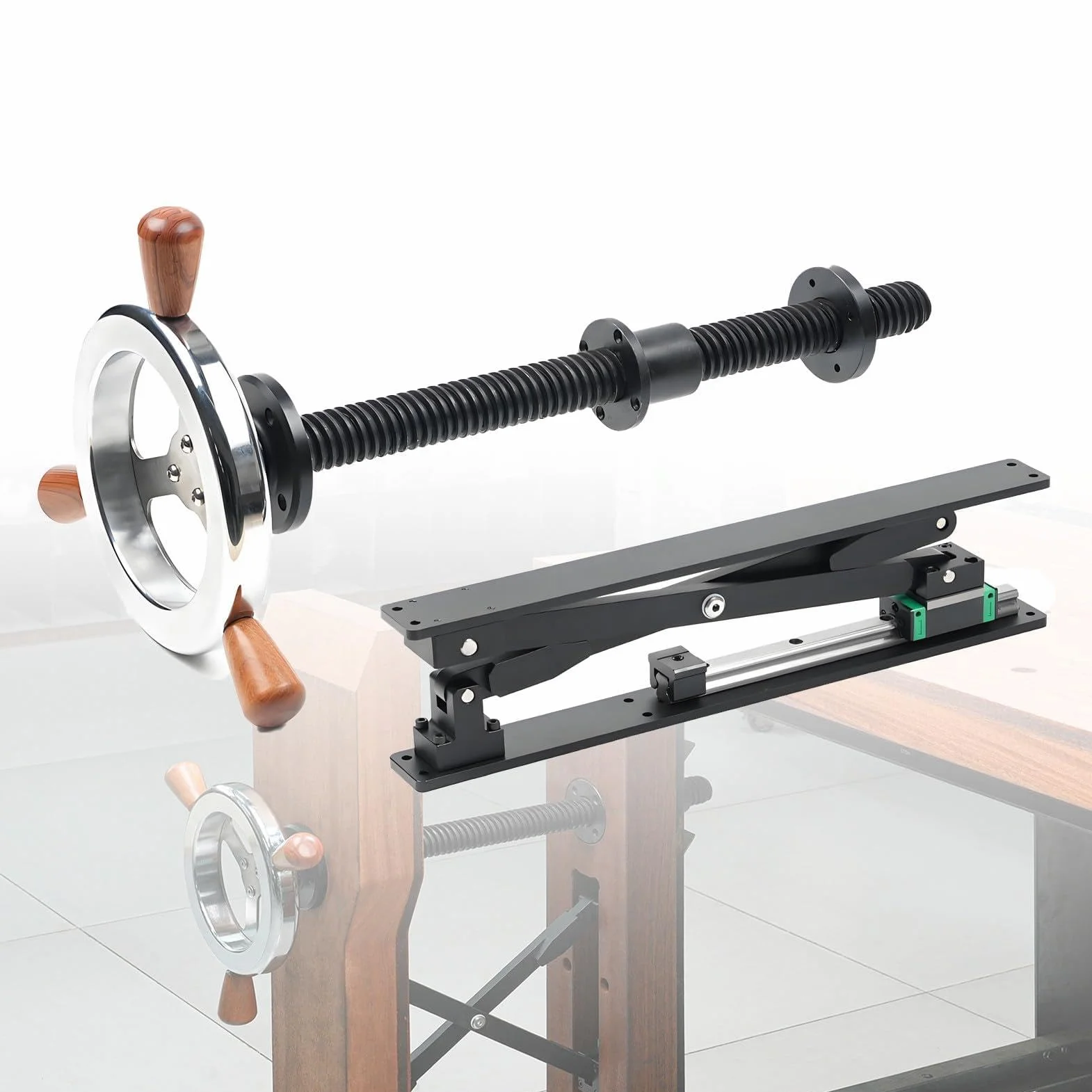 Kompletny zestaw osprzętu do imadła typu „leg vise” z pokrętłem Silver | Imadło równoległe typu „leg vise” (montowane do nogi stołu), stal i stop aluminium, rozstaw szczęk 90–310 mm
