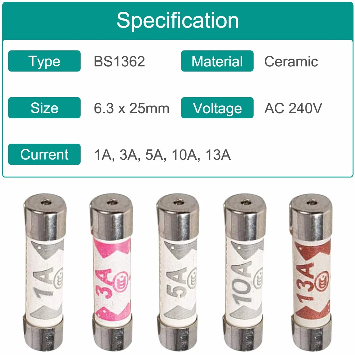 100 sztuk BS1362 bezpiecznik 3A 5A 10A 13A 1A amp 240V ceramiczne łączniki rurowe mieszane wtyczki domowe wtyczka UK Assortment Kit 6,3 x 25 mm 0,248 x 0,984 cala, 4 gniazda