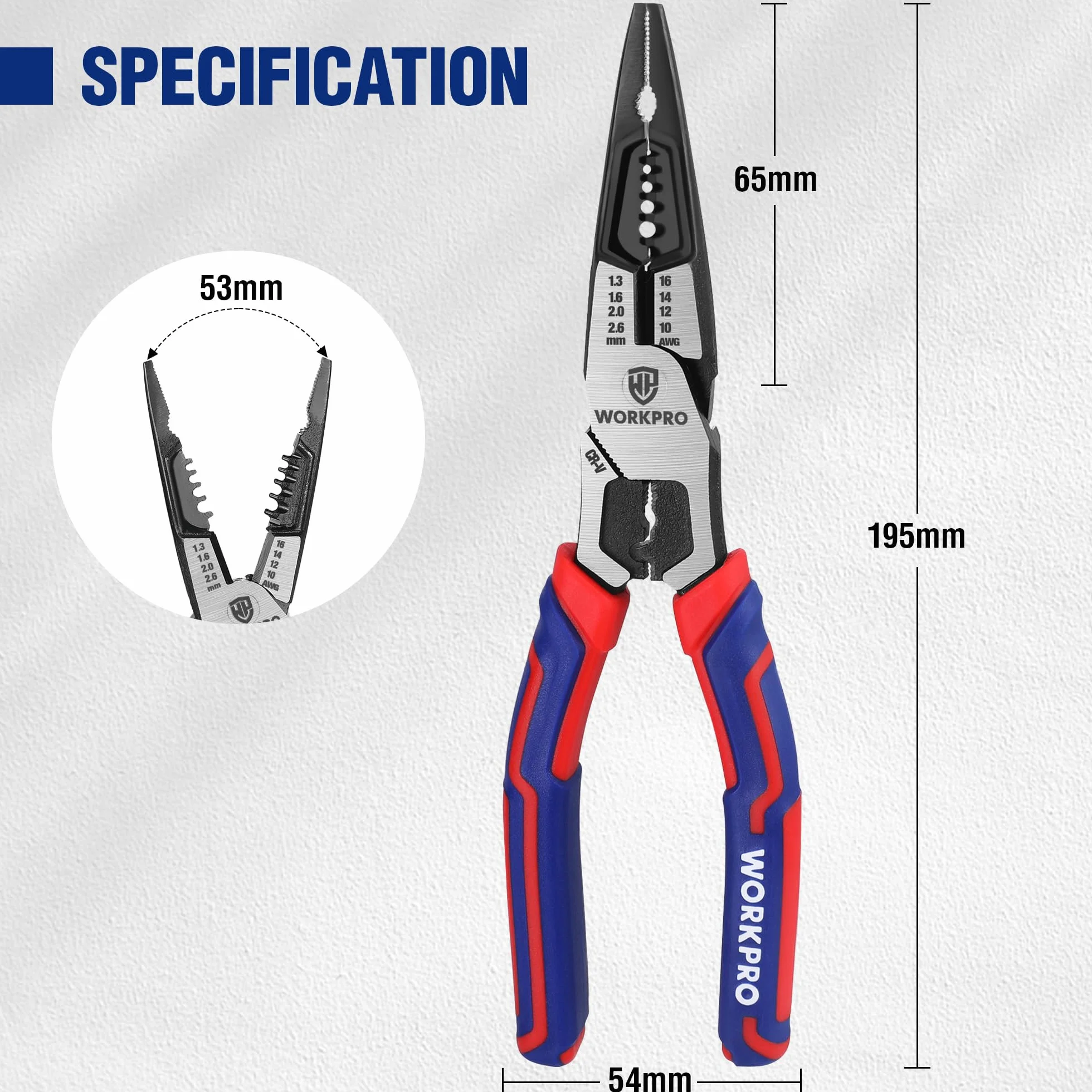 WORKPRO Szczypce wąskie, 7 w 1, ściągacz izolacji, obcinacz, zaciskarka, klucz, długie, 200 mm, do przewodów, 16–10 AWG (1,3–2,6 mm), wielofunkcyjne, Cr-V, dla elektryków