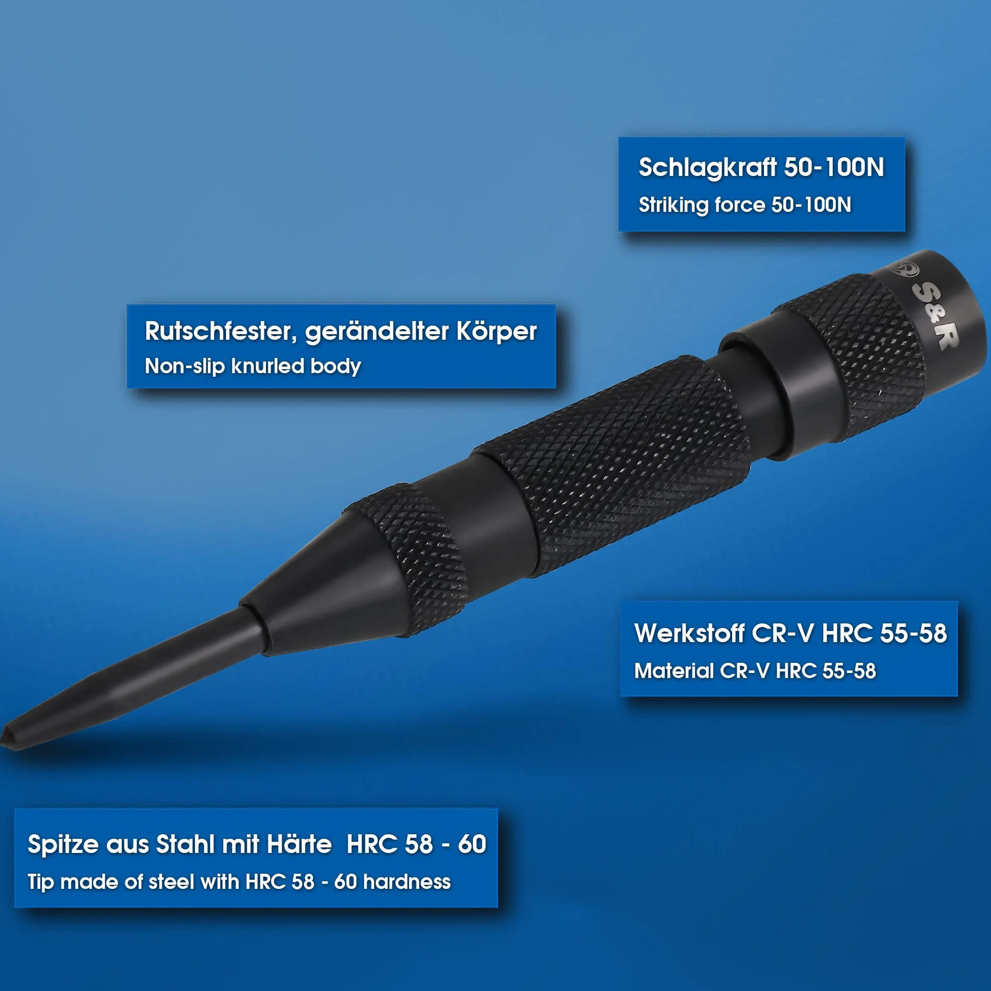S&R Automatyczny dziurkacz 50-100 N, 130 mm, dziurkacz automatyczny z 1 wymienną końcówką, Cr-V, automatyczny dziurkacz zębaty, solidna i trwała konstrukcja w całości z metalu, do metalu, drewna