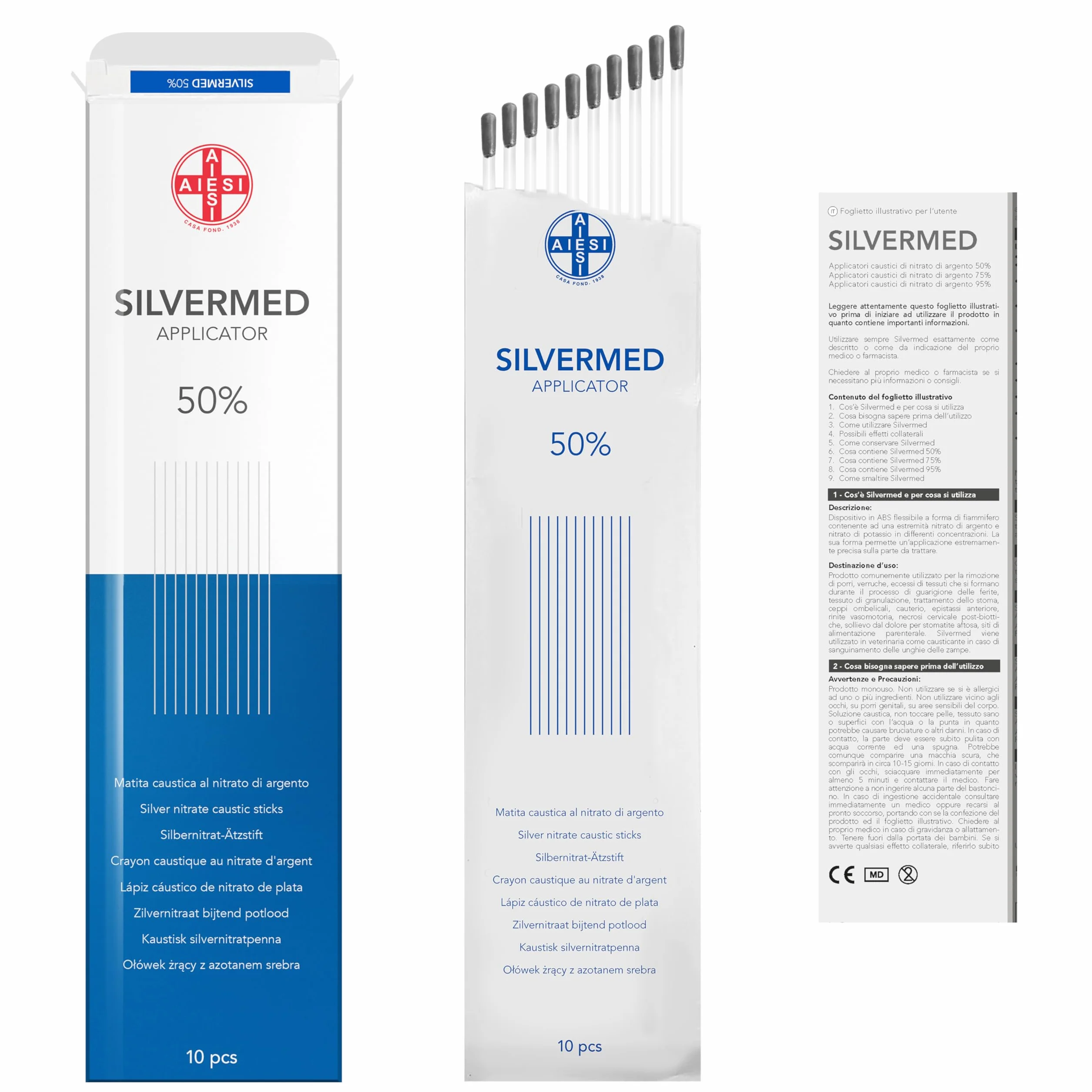 AIESI® Pałeczki z azotanu srebra 50% do leczenia brodawek i nagniotków SILVERMED 50 (Opakowanie 10 aplikatorów)
