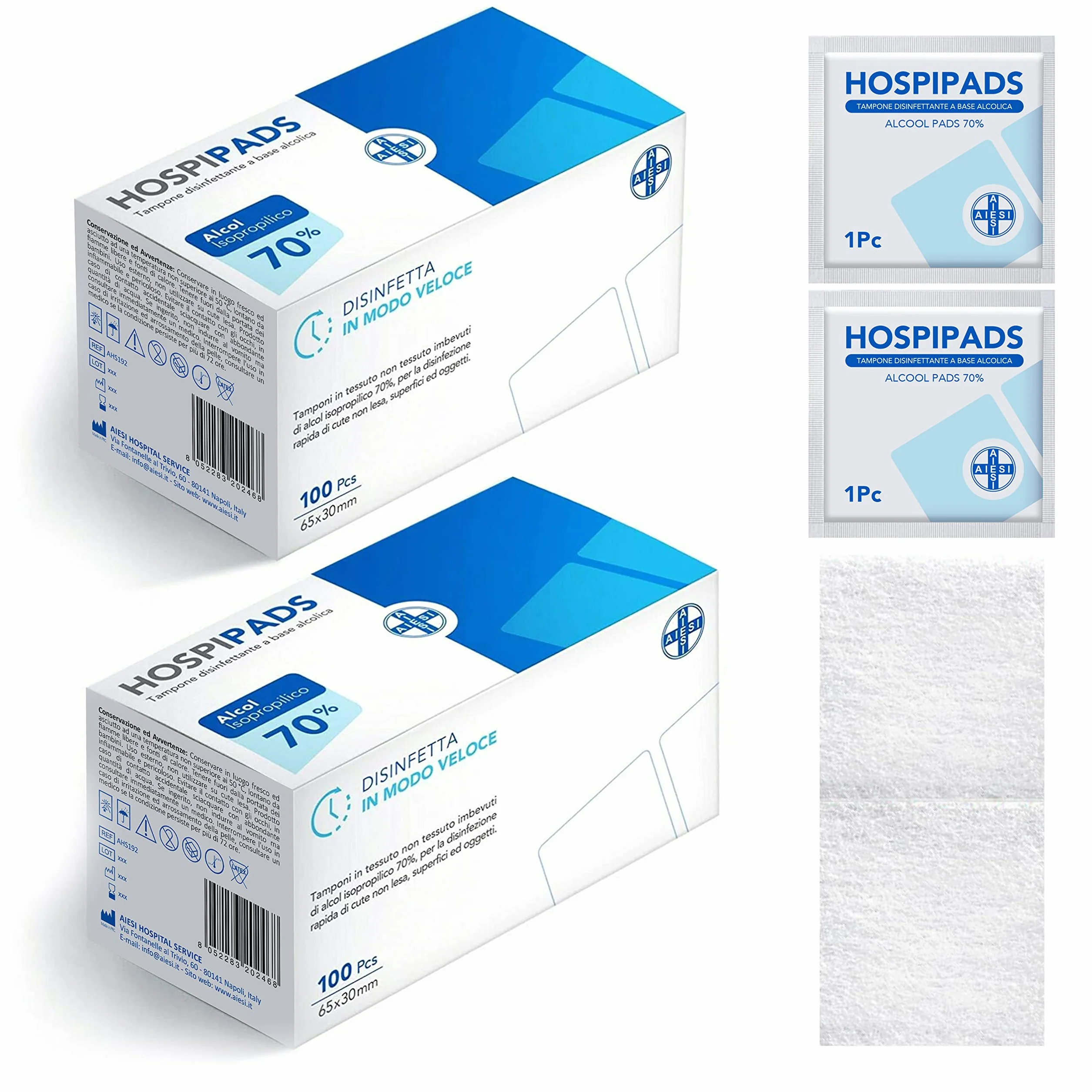 AIESI® Waciki chusteczki dezynfekcyjne (2x100 sztuk) na bazie 70% alkoholu izopropylowego, wymiary 65x30 mm, pakowane pojedynczo HOSPIPADS