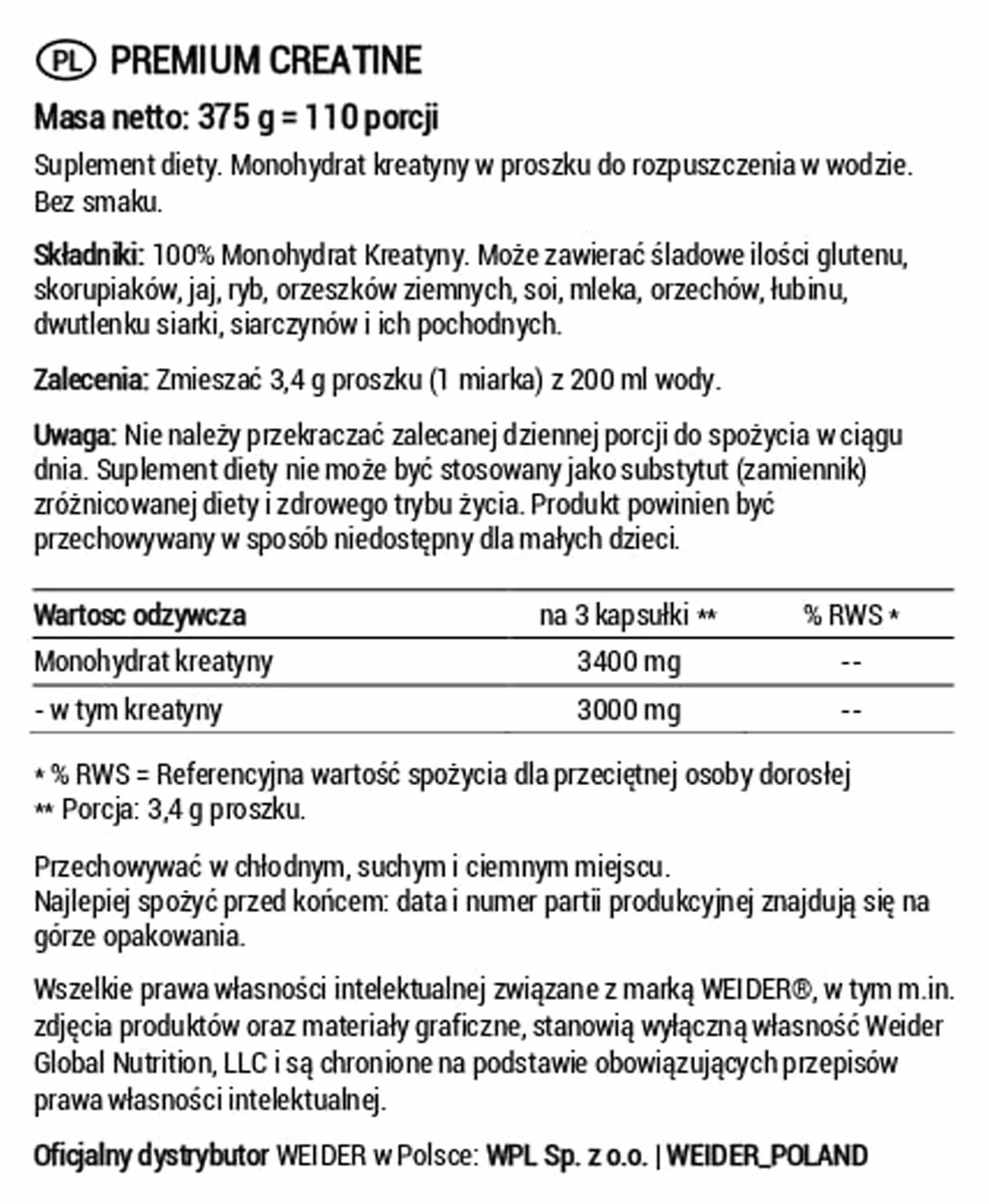 Weider Premium Creatine 375 g Monohydrat Kreatyny Creapure