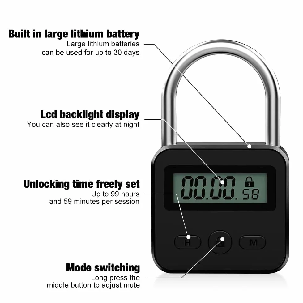 Cyfrowy zamek czasowy, Smart Time Lock z wyświetlaczem LCD, bezpieczna kłódka kuchenna, możliwość ponownego ładowania przez USB, inteligentna kłódka czasowa zapobiega złym nawykom