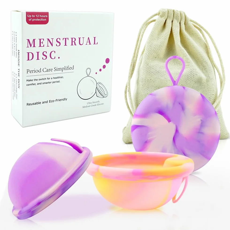 LUFEIS Dysk menstruacyjny, 2 sztuki Dysk menstruacyjny, Wielokrotnego użytku dysk menstruacyjny, Kubek menstruacyjny z silikonu, dla wszystkich natężeń przepływu, Bezpieczny podczas sportu i pływania