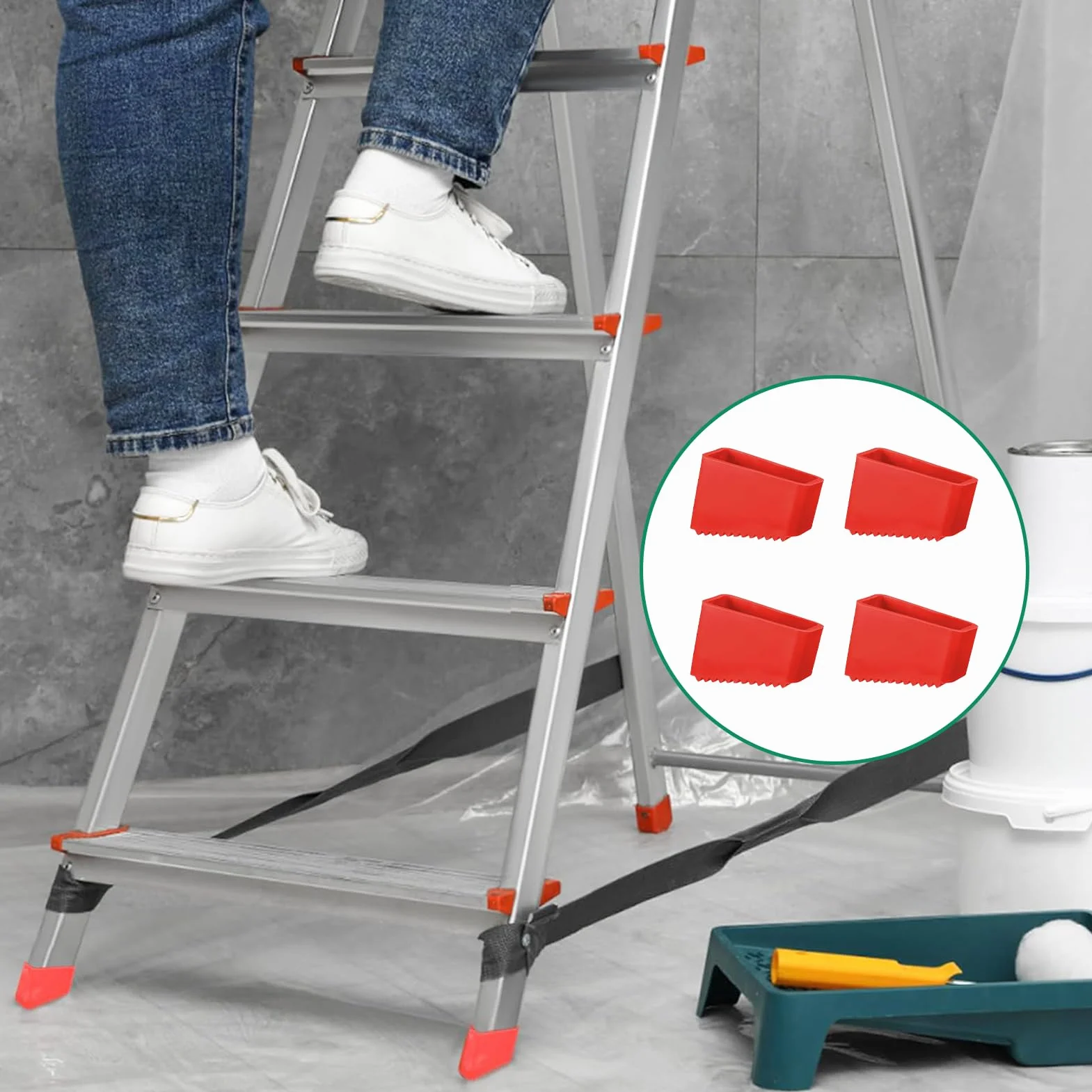 4 zapasowe nakładki na nogi drabiny, gumowe nóżki do drabiny, uniwersalne osłony na nogi, antypoślizgowe gumowe nóżki do drabin, drabiny teleskopowe, osłony stopek bezpieczeństwa, czerwone