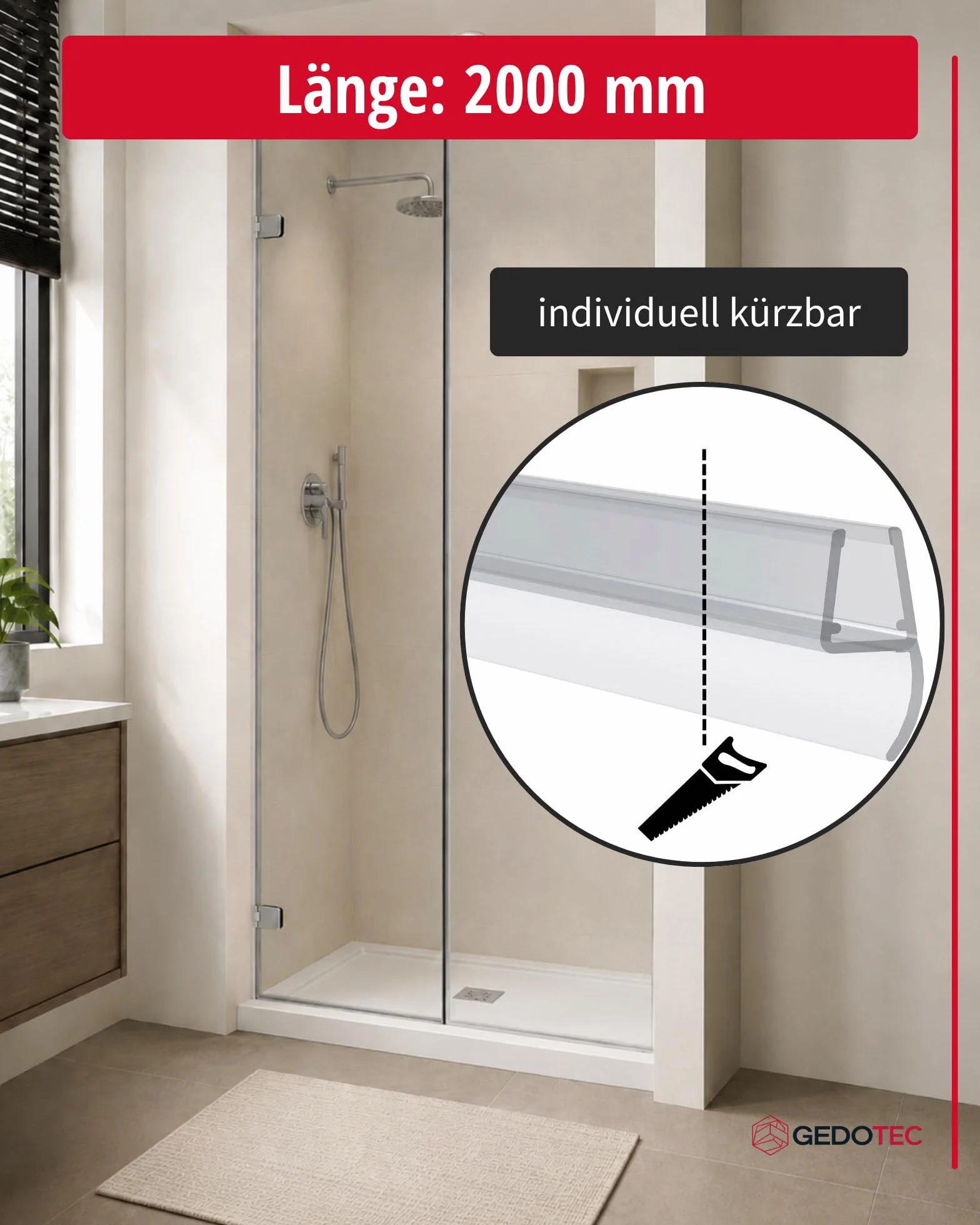 Gedotec Uszczelka do drzwi prysznicowych 180°, 2000 mm x 8 mm, przezroczysty PCW, do kabiny prysznicowej, grubość szkła 6-8 mm