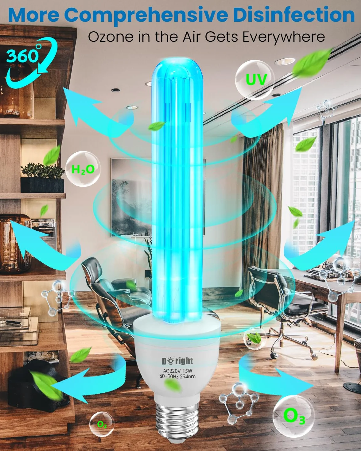 DoRight 15W Lampa bakteriobójcza UV Żarówka UV 254nm E27 z ozonem UVC Silna sterylizacja i dezynfekcja AC220-240V Idealna do kuchni, sypialni, salonu, biura i szkoły (1 szt.)