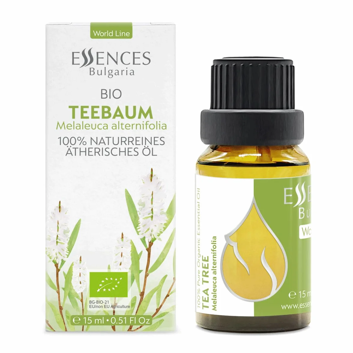 Essences Bułgaria Organiczny Olejek Eteryczny z Drzewa Herbacianego 15ml | Melaleuca alternifolia | 100% Czysty i Naturalny | Nierozcieńczony | Klasa Terapeutyczna | Aromaterapia | Kosmetyki | Bez GMO