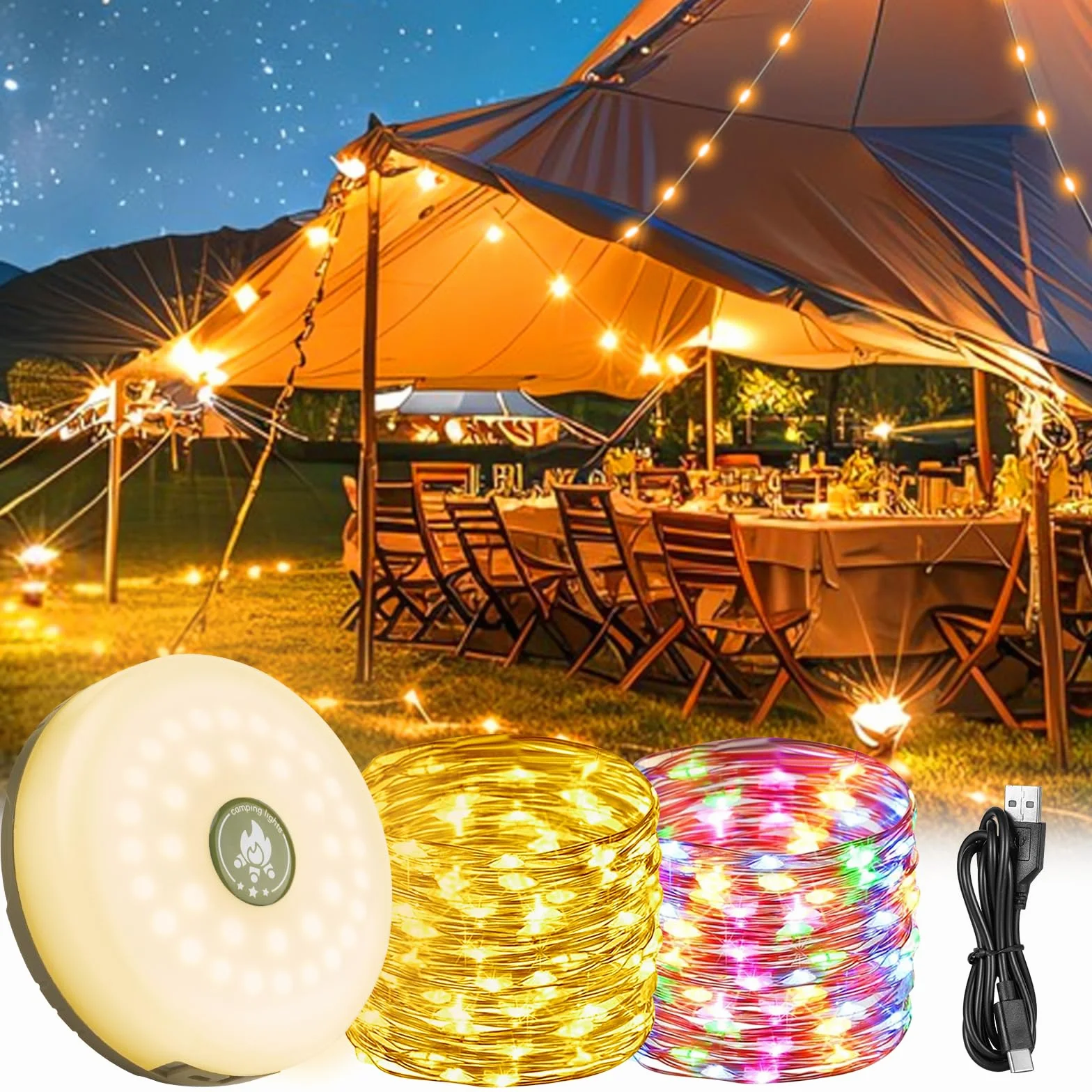 Lampki kempingowe zwijane - 10 m, 132 diody LED, wodoodporne, solarne, zwijane, lampki LED, zewnętrzne, kempingowe, USB, akumulatorowa lampa kempingowa do biwakowania, ogrodu i wędrówek