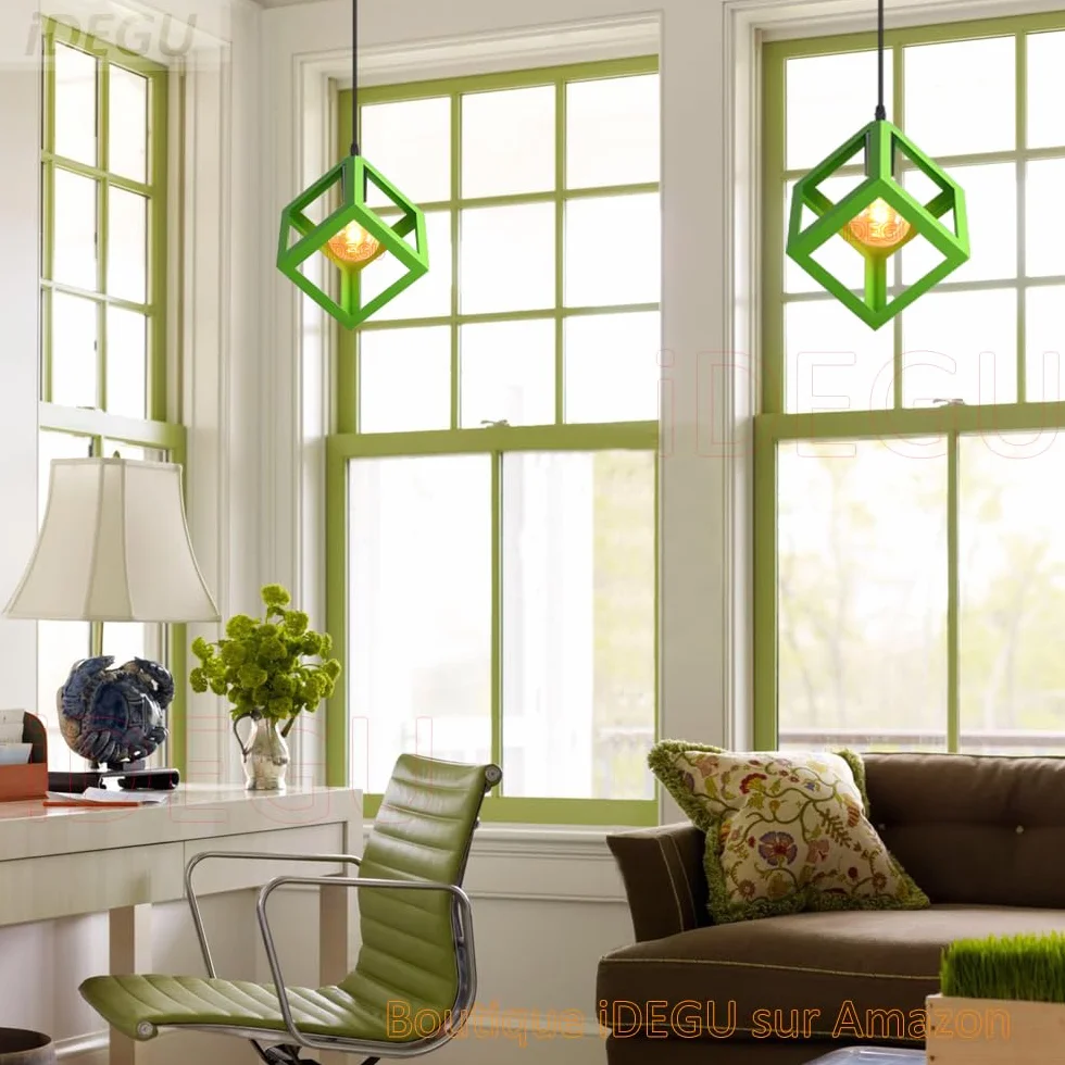 iDEGU Zestaw 2 nowoczesnych lamp wiszących, żyrandol, kształt sześcianu, geometryczny styl metalowy klosz lampy E27, wiszące oświetlenie do sypialni, salonu, restauracji - 16 cm, zielony