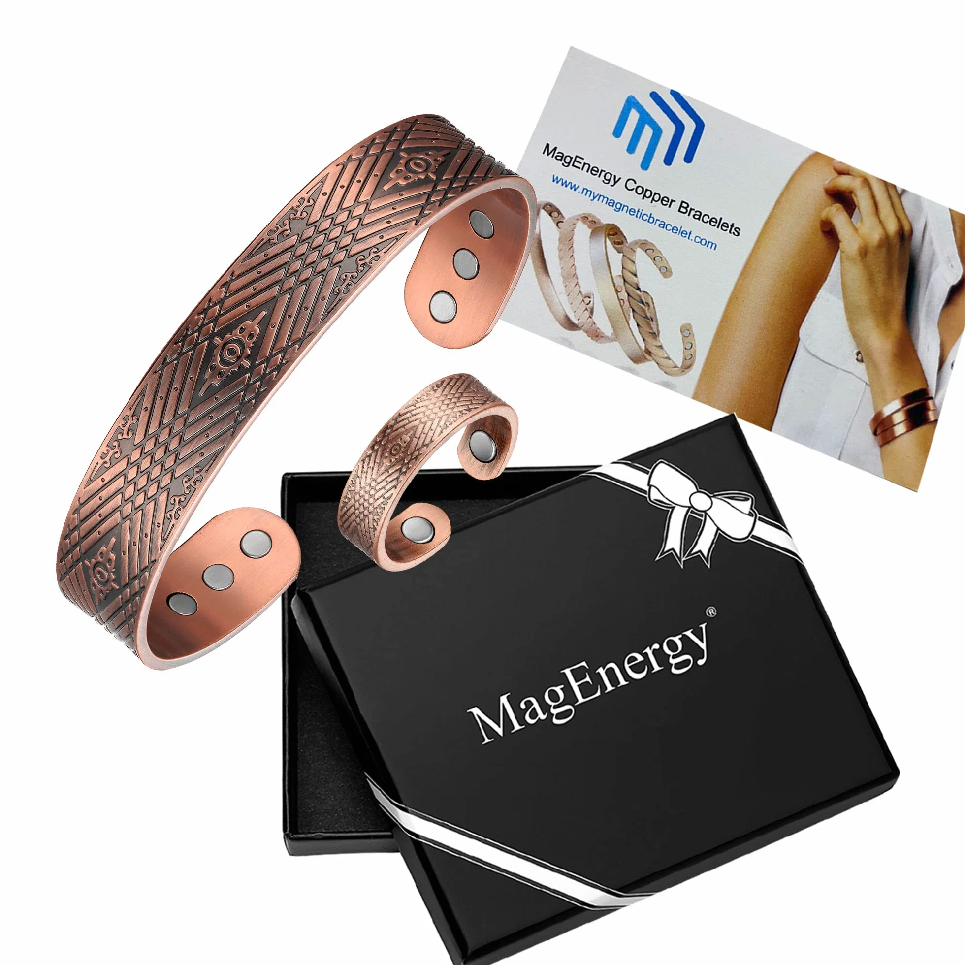 MagEnergy Bransoletka magnetyczna z czystej miedzi 99,9%, mankietowa z pudełkiem
