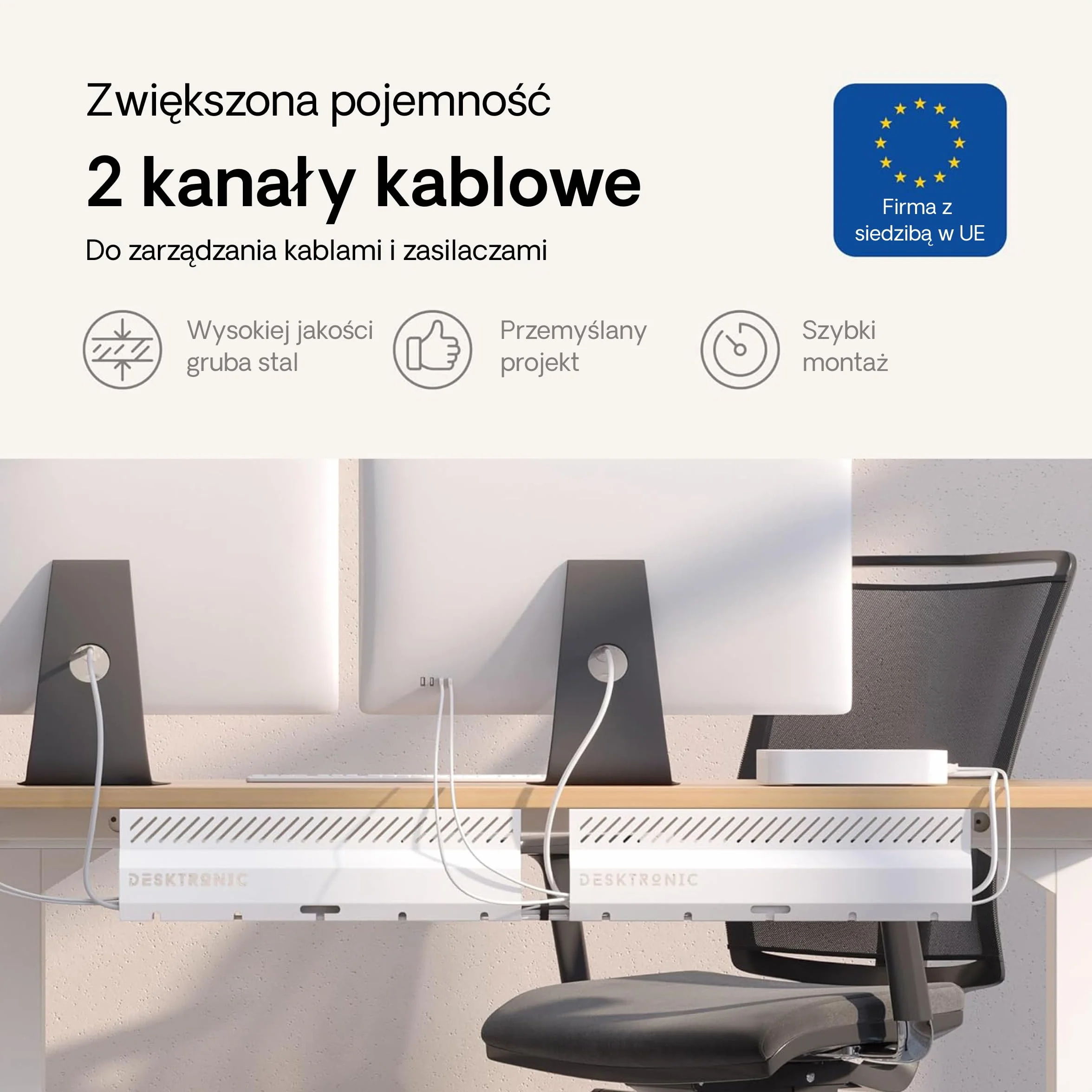 Organizer kablowy, biały, zestaw 2 szt. – stal nierdzewna, do zarządzania kablami, kanał kablowy z 5 otworami na kable – łatwy w montażu organizer – uchwyt na kable Desktronic