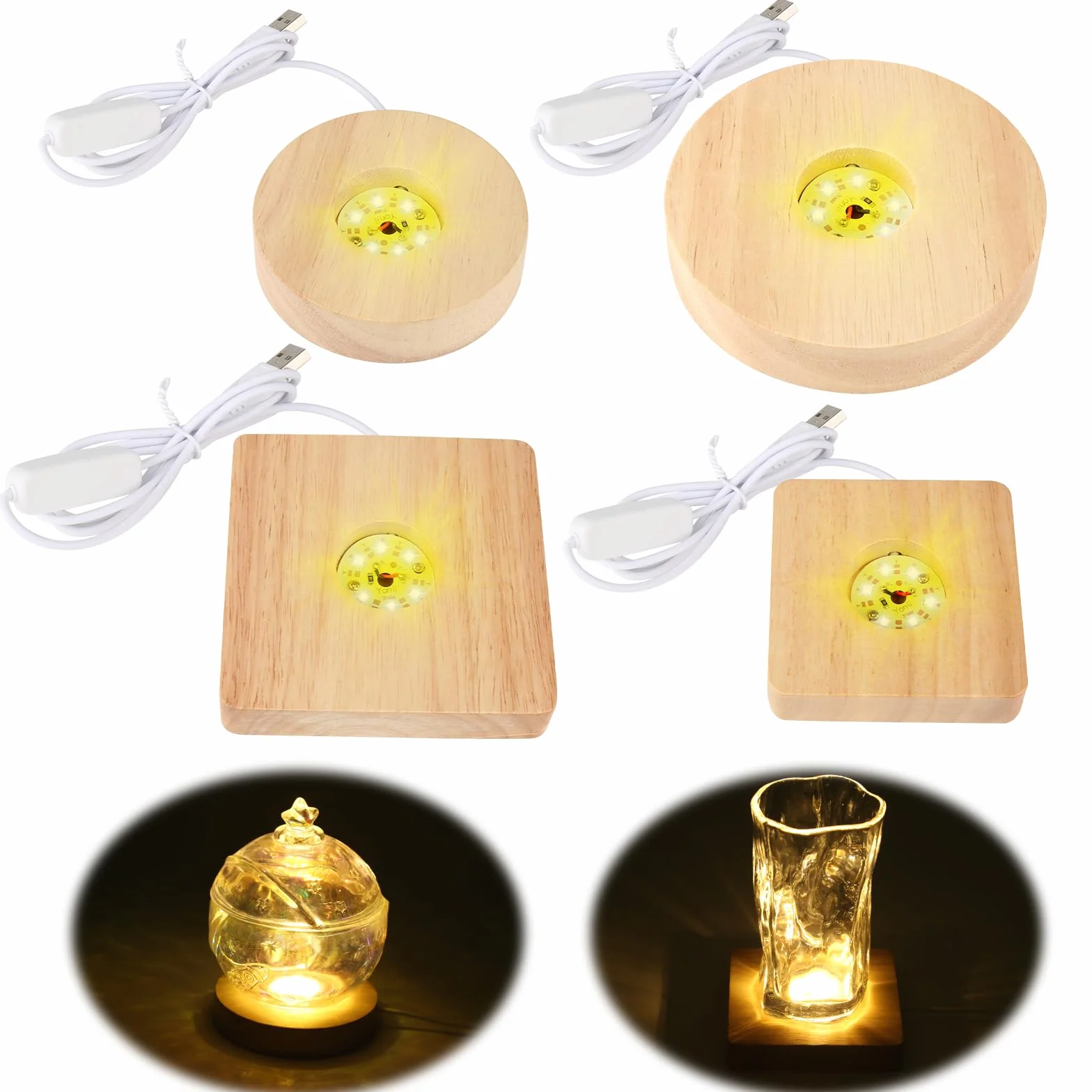 Cokół LED, 4 sztuki, drewniany, kwadratowy/okrągły cokół LED do szkła akrylowego, cokół świetlny z kablem USB do kryształowej kuli, szkła, akrylu (ciepłe światło)
