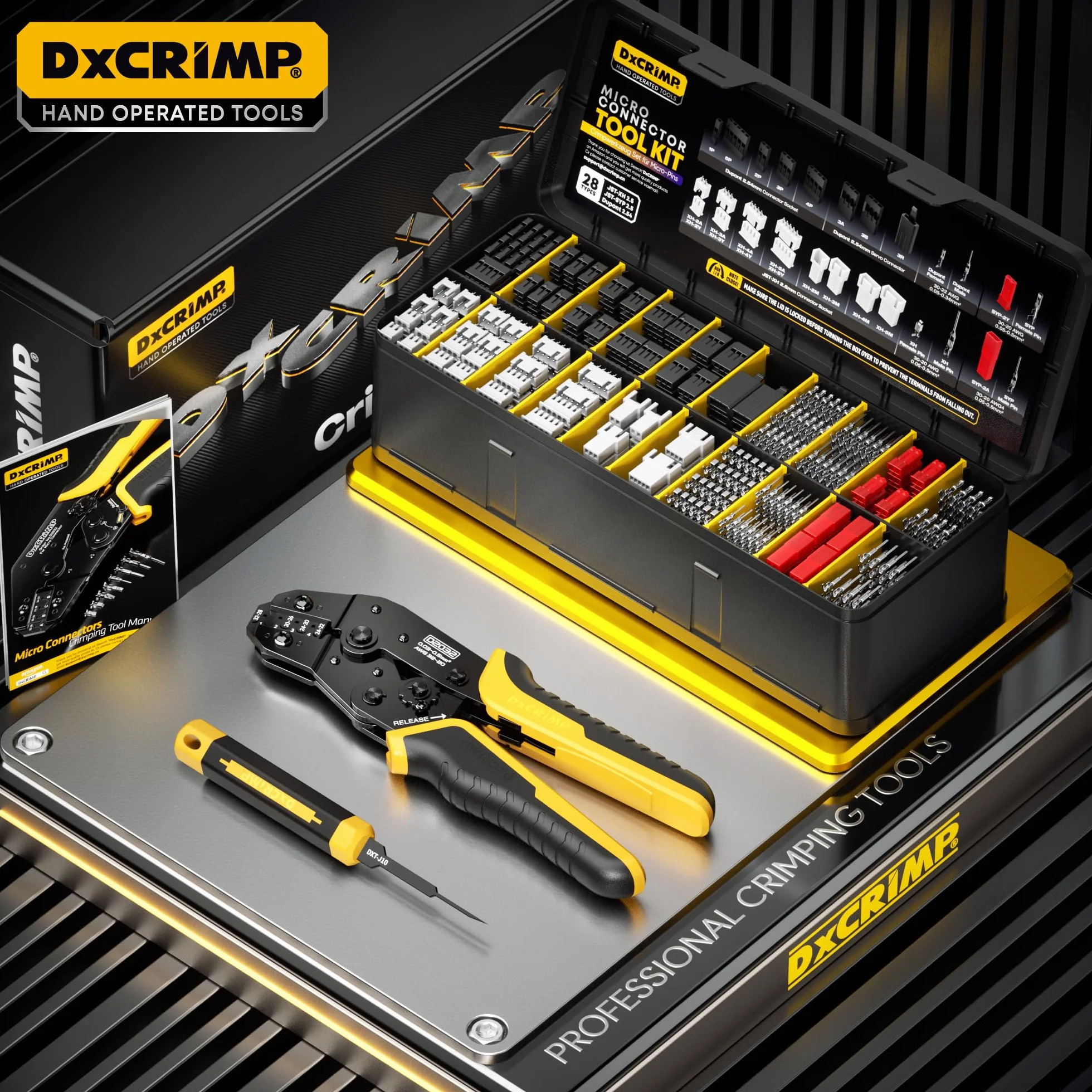 DxCRIMP Zestaw szczypce zagniatające do wtyków JST z 23 Rodzaje Zestaw wtyków Zestaw Narzędzi do Zaciskania,Terminal Crimper, 0,03-0,5mm² szczypce zaciskowe do Dupont, JST, KF2510, Molex, AMP