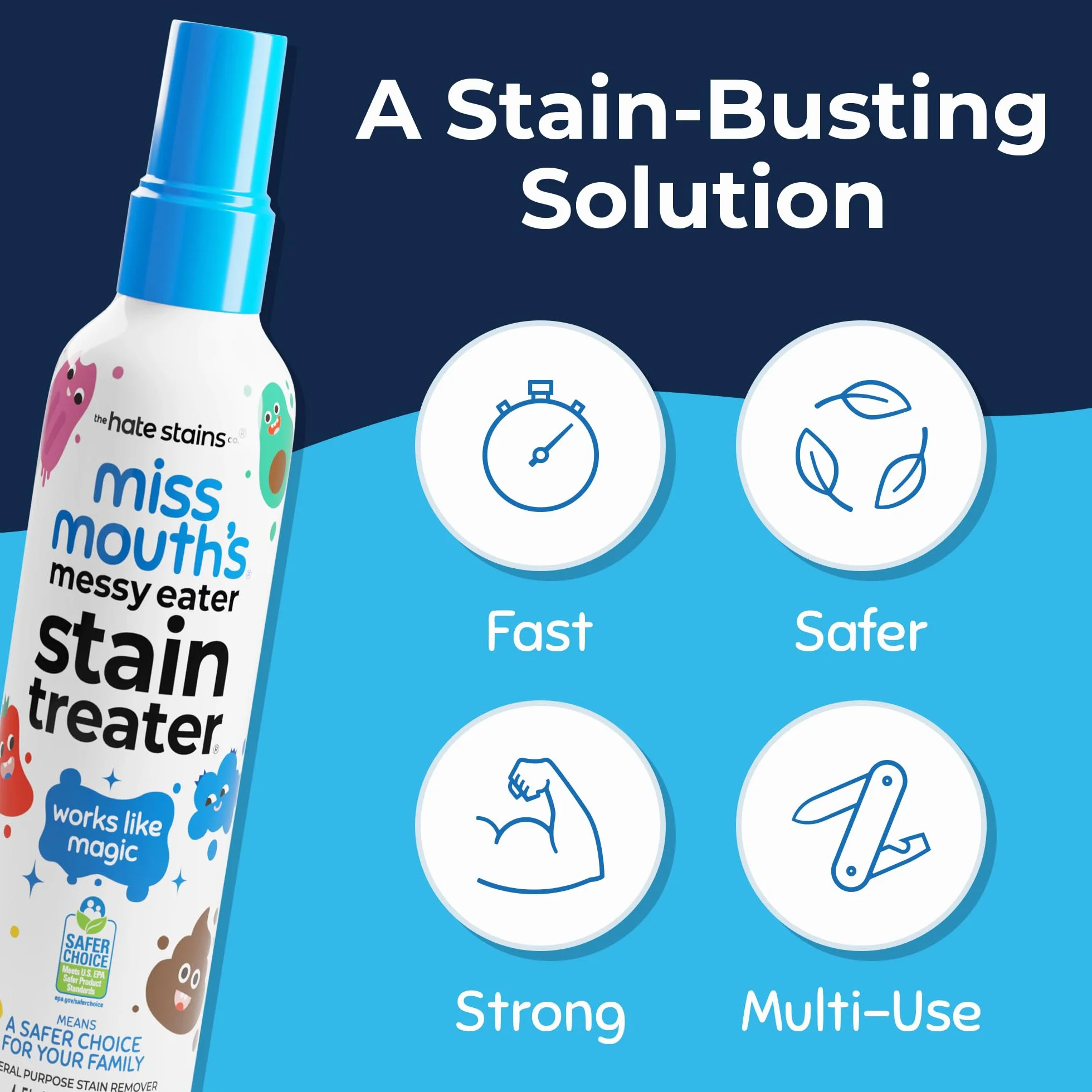 Miss Mouth's Hate Stains Co. Środek do usuwania plam z ubrań – nietoksyczny spray do usuwania plam z prania dla niemowląt i dzieci – środek do czyszczenia ubrań, tkanin, dywanów, 120 ml, 120 ml
