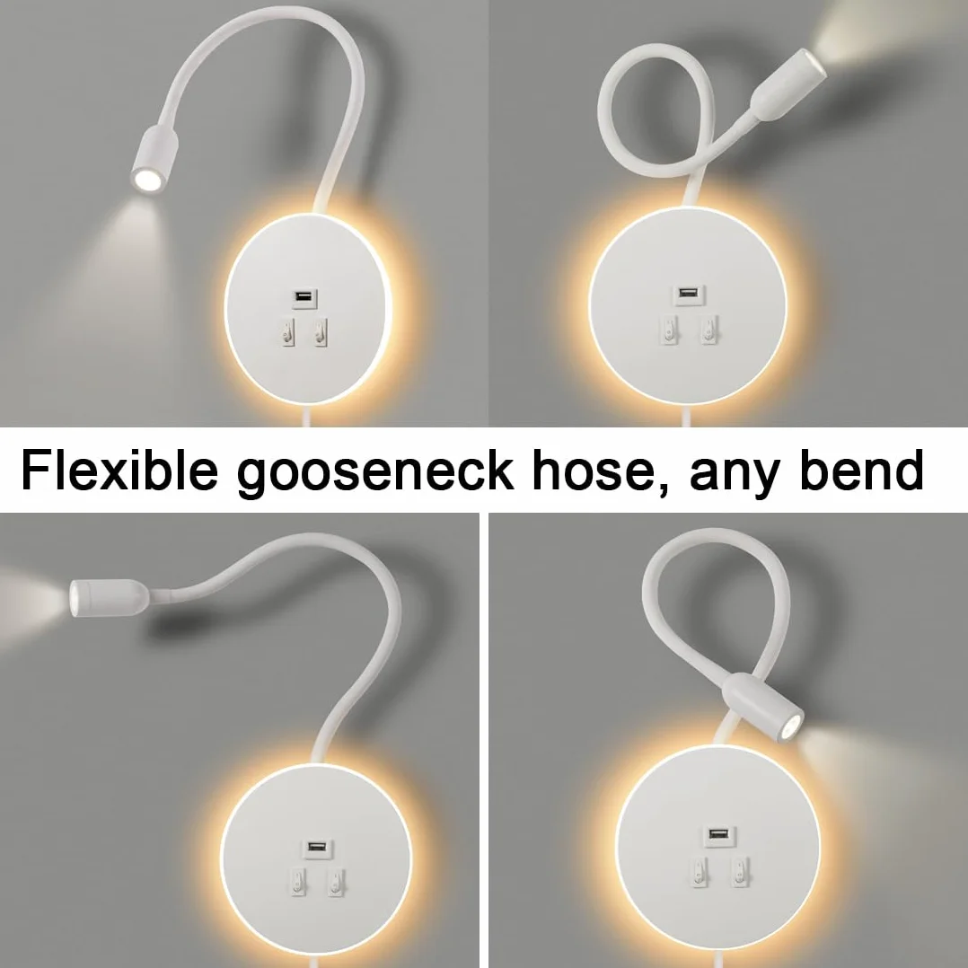 LED Kinkiet, gęsia szyja z Przełącznikiem, z portem ładowania USB, Obrotowa Lampka Nocna Nowoczesna Lampa do Czytania lampki Ścienna, 3W 3000K+8W 6000K do sypialni, Z kablem i wtyczką (Biały)